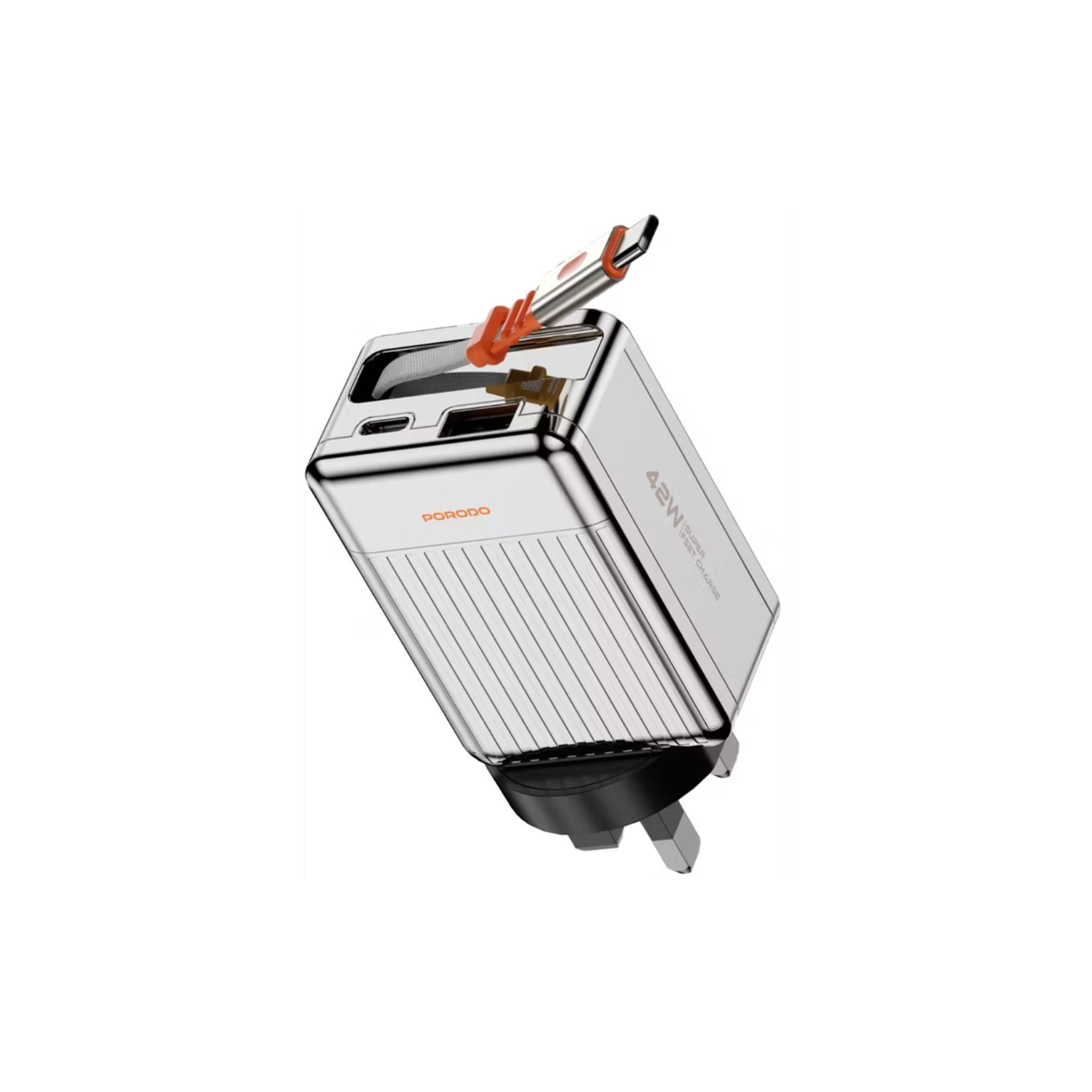 Silver and black electronic device with orange accents on a white background