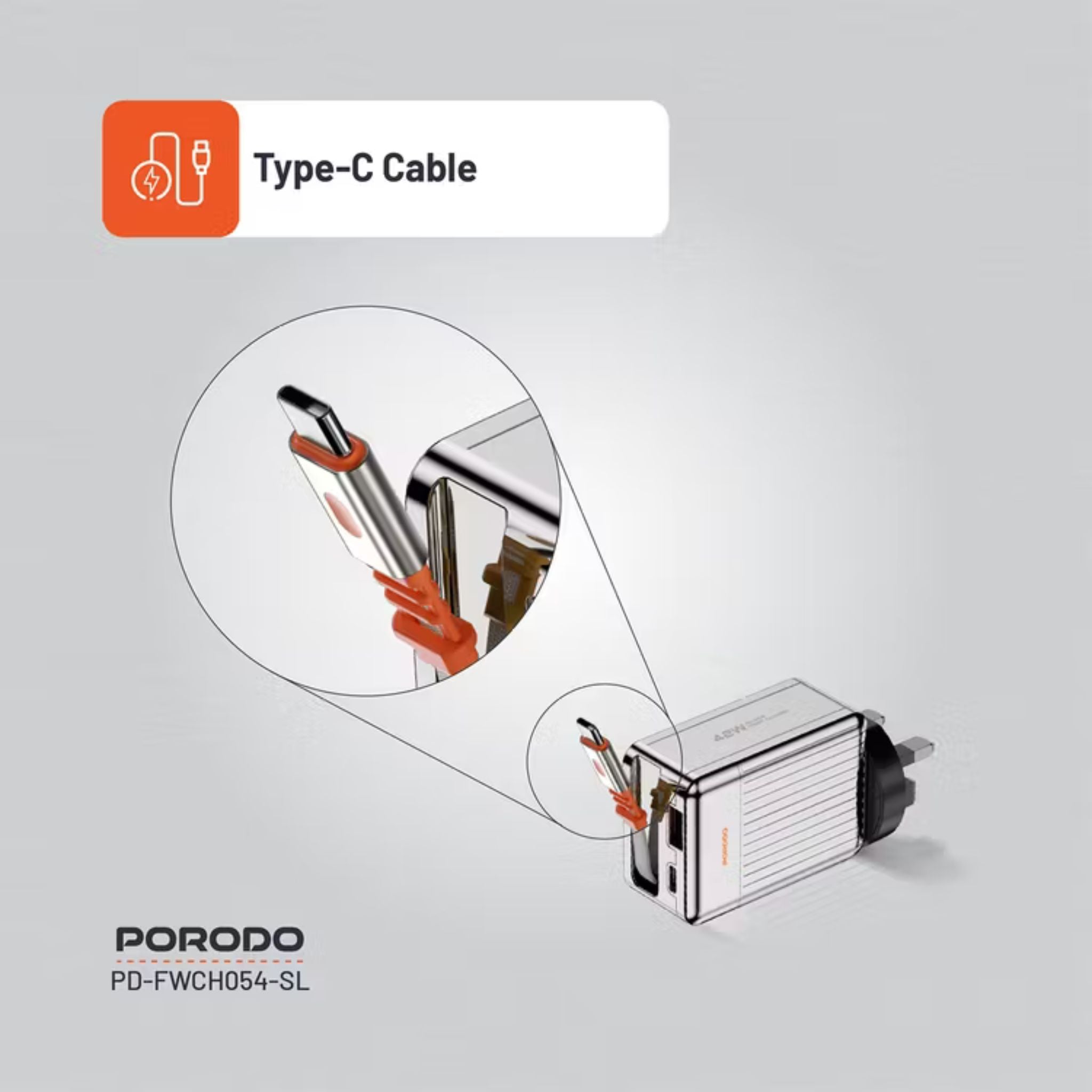 Porodo Super Quick GaN Charger with 75cm Retractable Type-C Cable, 42W Power Delivery, Simultaneous Charging, 22.5W USB-A Output, Built-in Safeguards - Silver