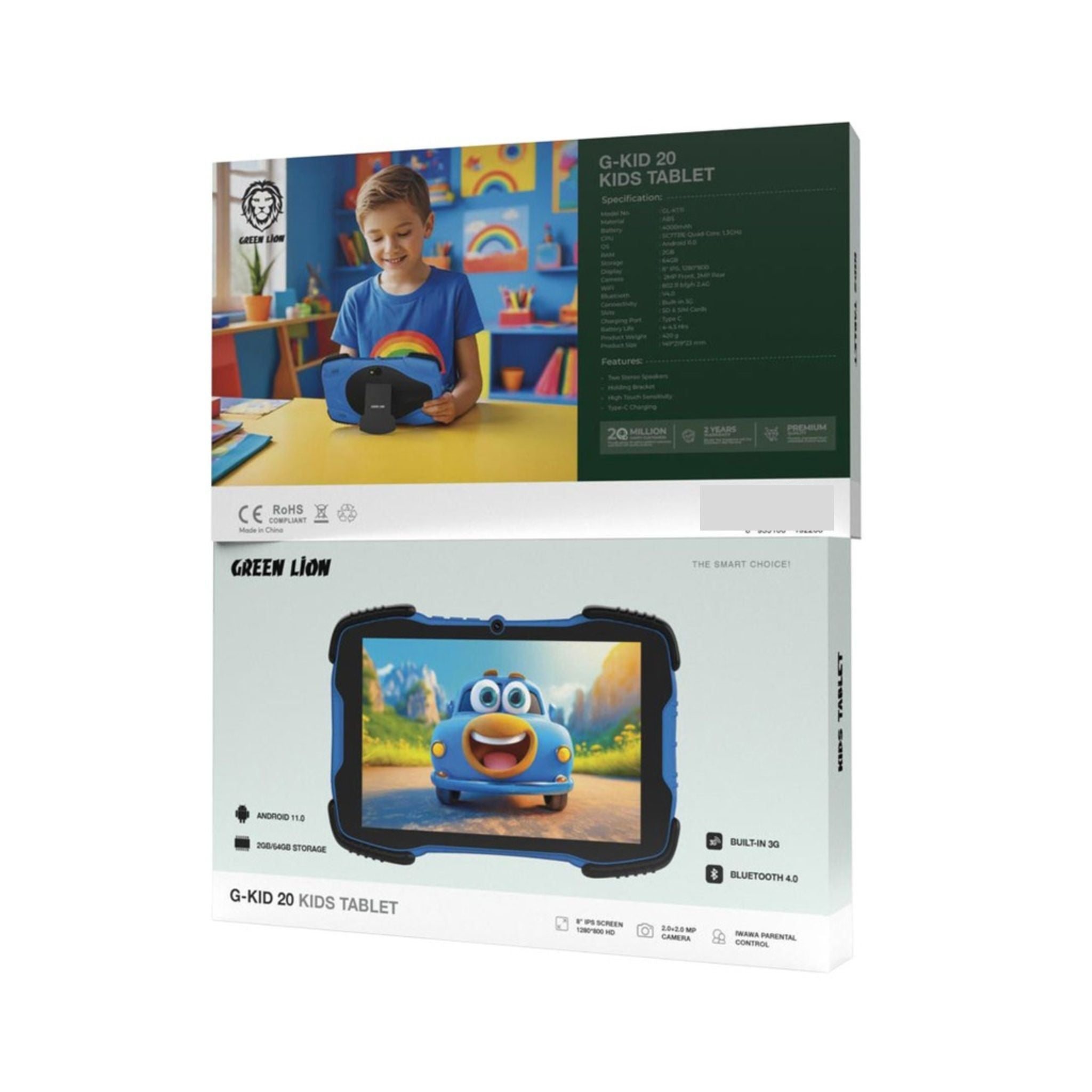 Green Lion G-Kid 20 Kids Tablet with Holding Bracket, iWawa Parental Control, Built-in 3G, 8" IPS Screen, 2.0 + 2.0 MP Camera, Bluetooth 4.0 - Blue