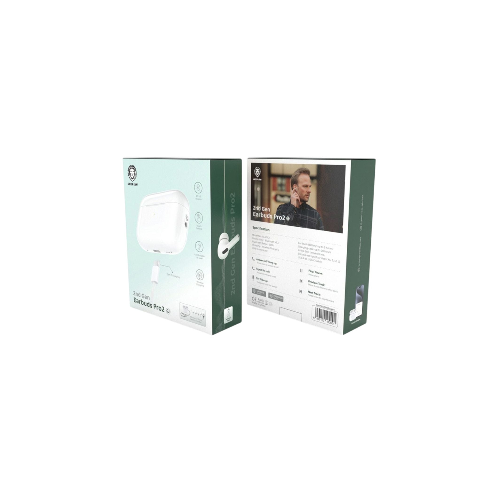 Green Lion 2nd Gen Earbuds Pro2 with Wireless Charging,BT 5.3 Version,  USB-C to USB-C , Range 25M - White