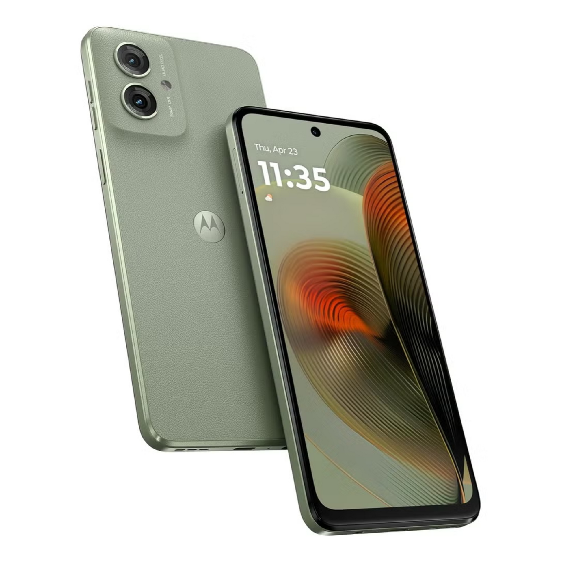 A Motorola G55 5G smartphone in Smoky Green color, showing the front screen display and rear camera setup.
