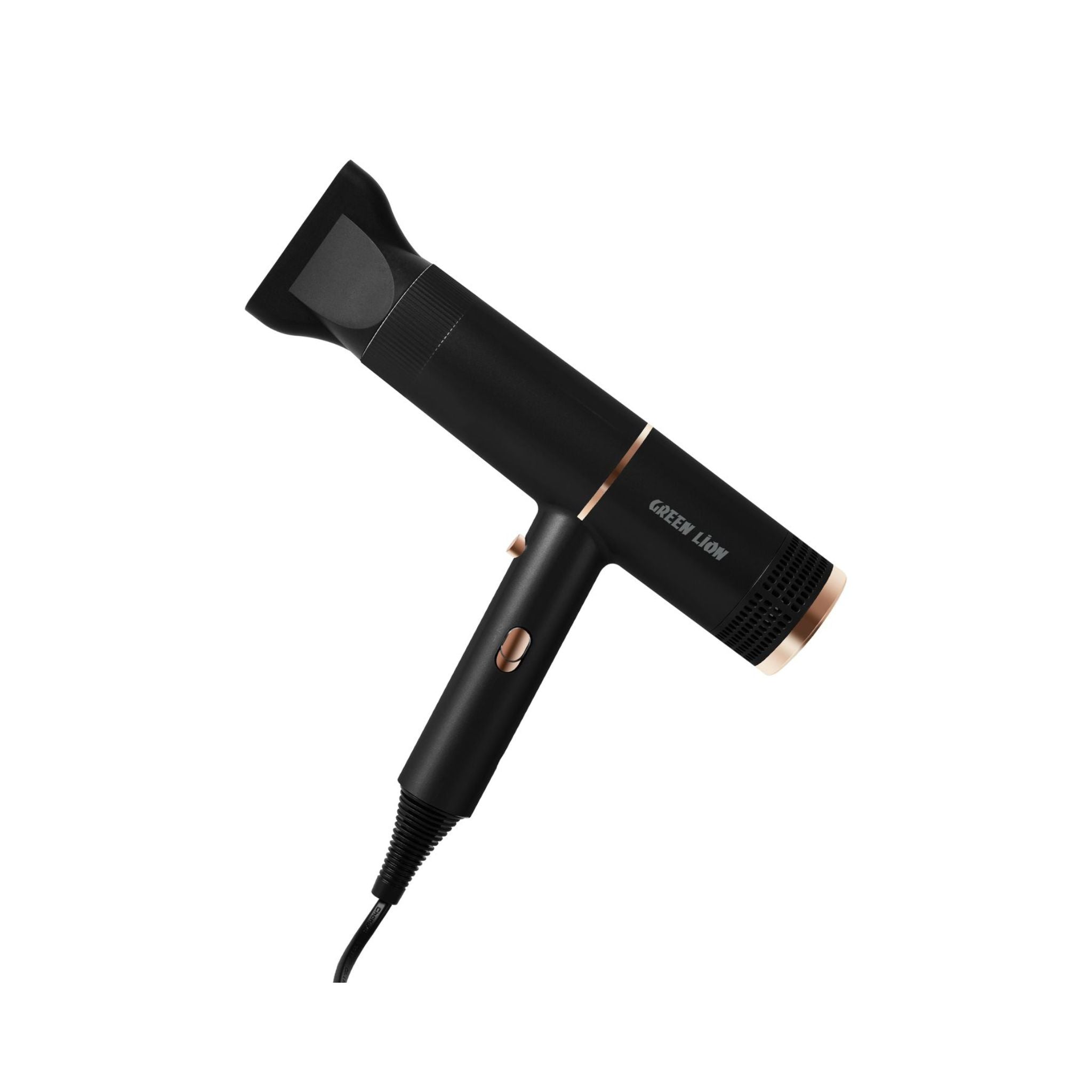 A black hair dryer with a concentrator attachment, featuring gold accents and the Green Lion brand name.