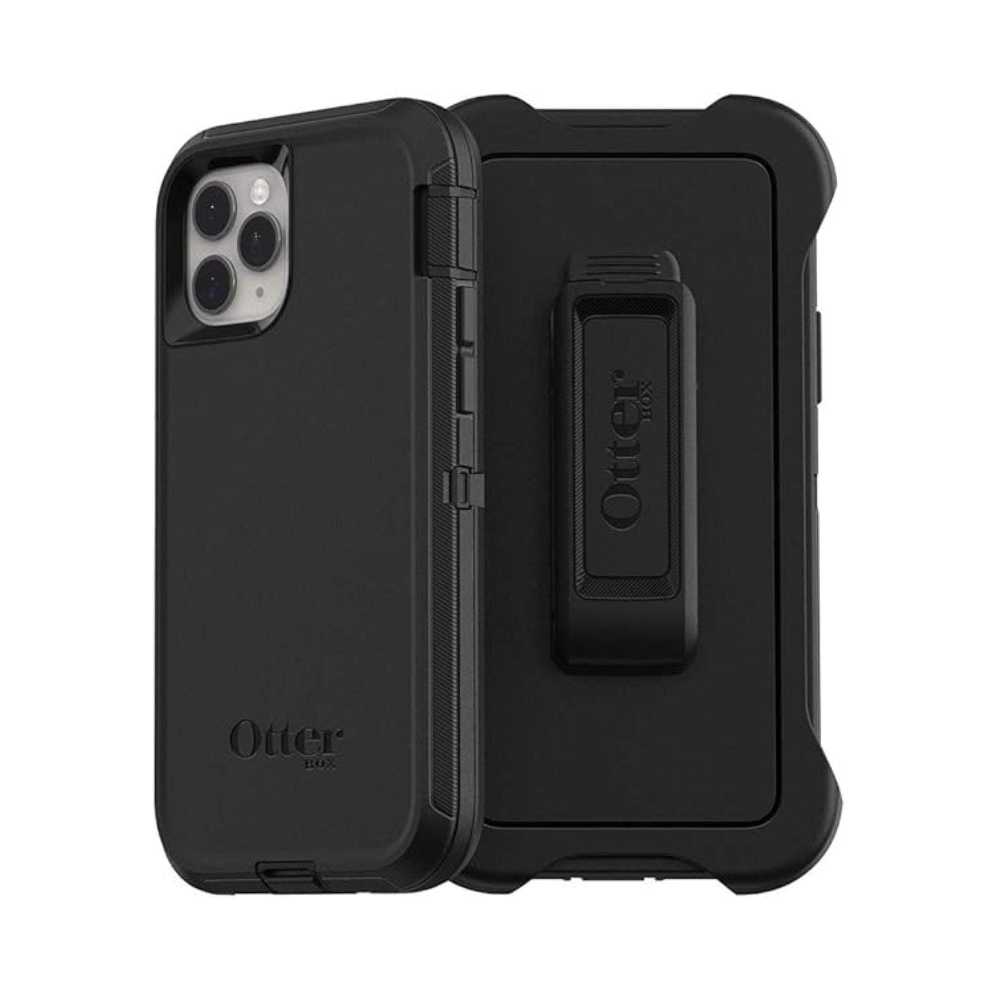Black OtterBox Defender Series Screenless Edition Case with inner hard shell and a belt clip holster.