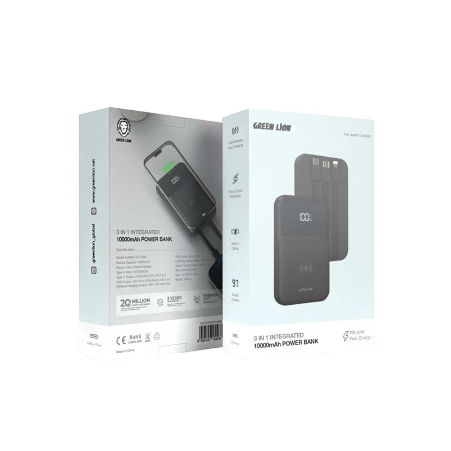 Green Lion 3 in 1 Integrated 10000mAh Power Bank with 15W Wireless Fast Charger - Black