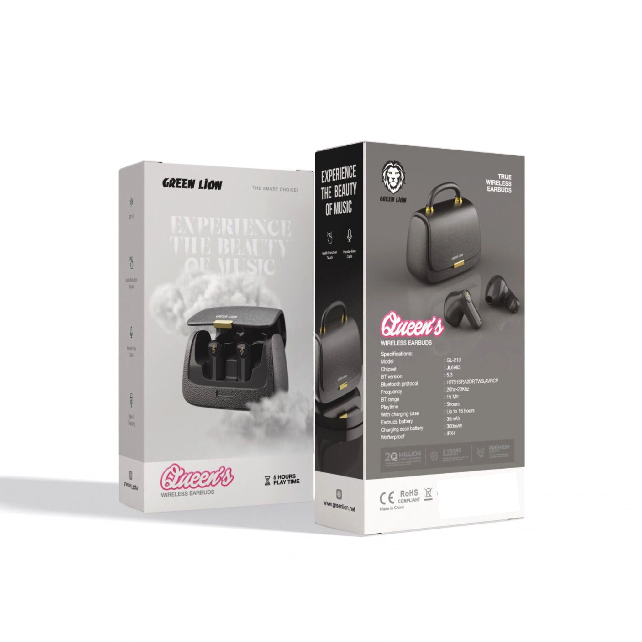 Green Lion Queen's Mini Bag Style True Wireless Earbuds, JL6983 Chipset, Bluetooth Version 5.3, Up to 15 m Bluetooth Range, 5 Hours Playtime, Up to 16 Hours with Charging Case, 300 mAh Charging Case Battery, IPX4 Water Resistance Level - Black