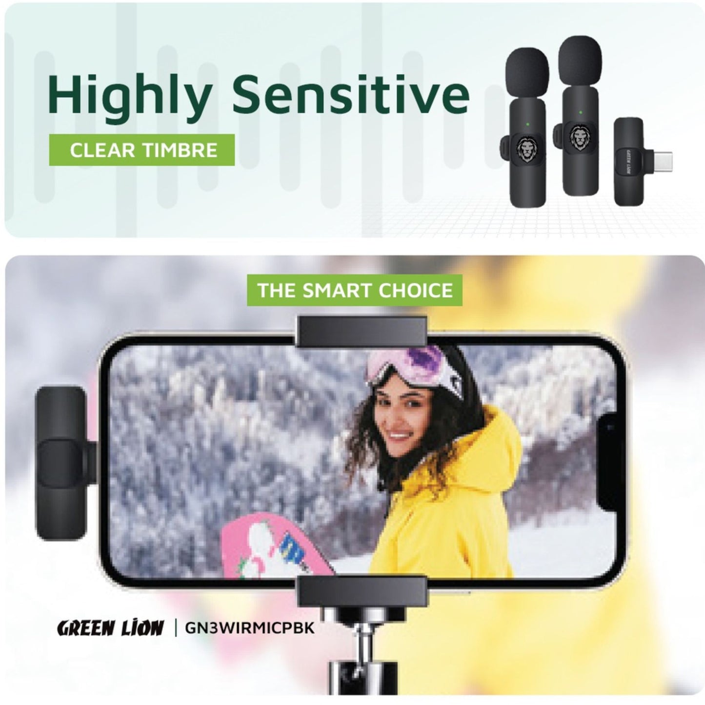 Green Lion 3 in 1 Wireless Microphone with 20 Meters Range, Highly Sensitive, 60mAh Battery Capacity, 5-6 Hours Battery Life - Black