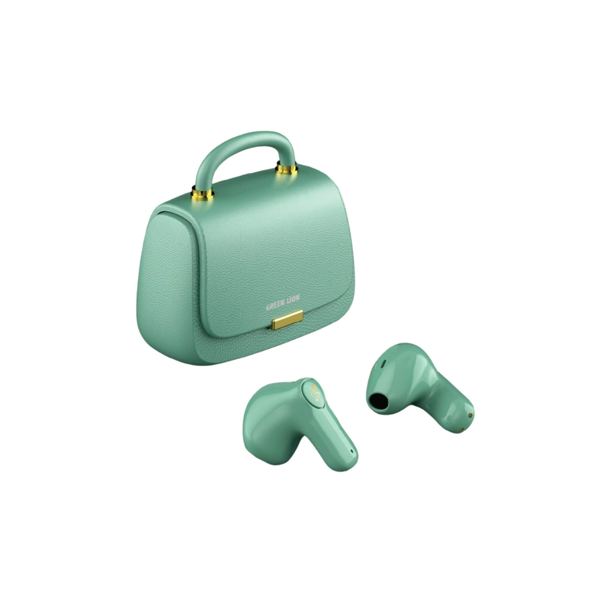 Green in-ear headphones with a charging case, featuring a gold-colored accent and a lion graphic on the case.
