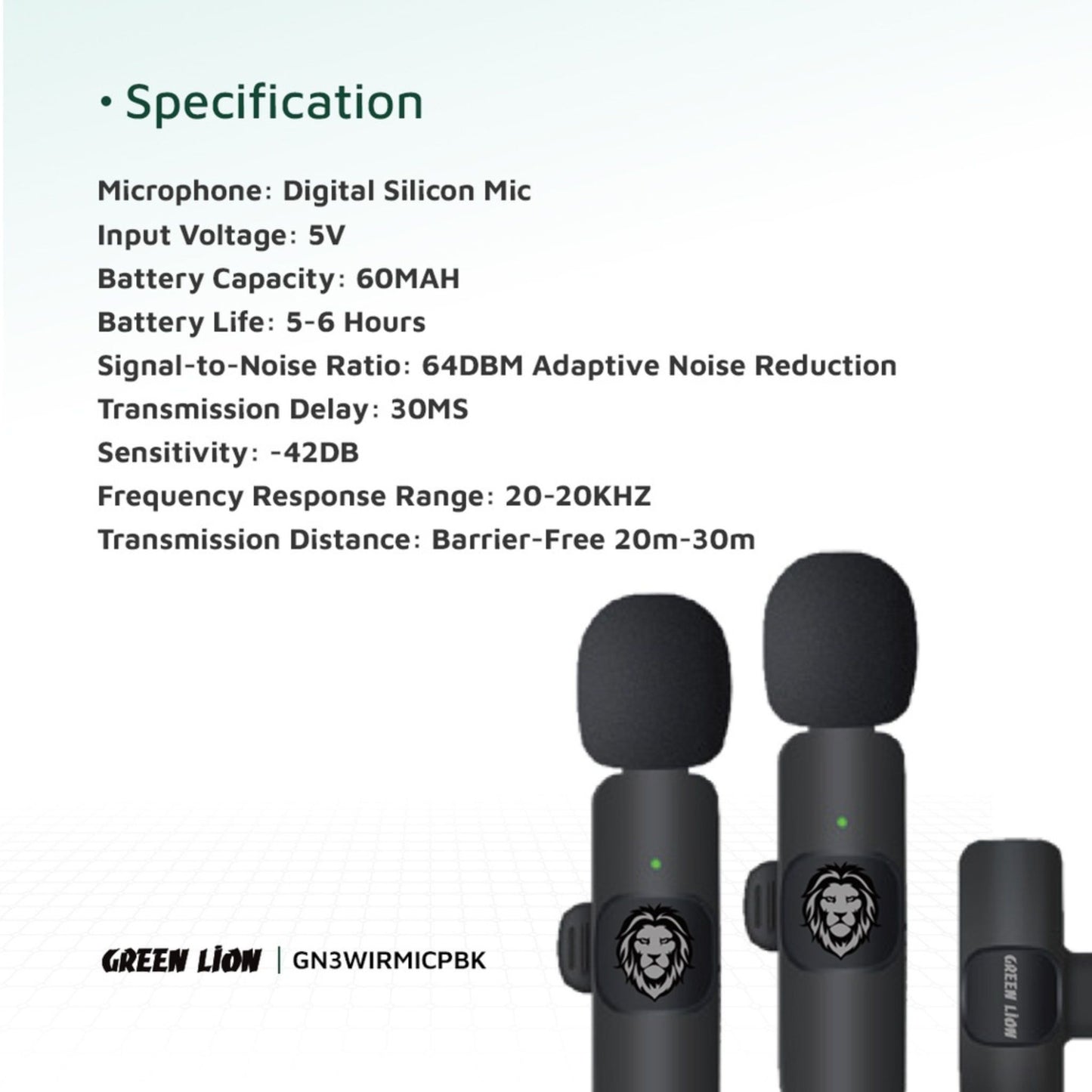 Green Lion 3 in 1 Wireless Microphone with 20 Meters Range, Highly Sensitive, 60mAh Battery Capacity, 5-6 Hours Battery Life - Black