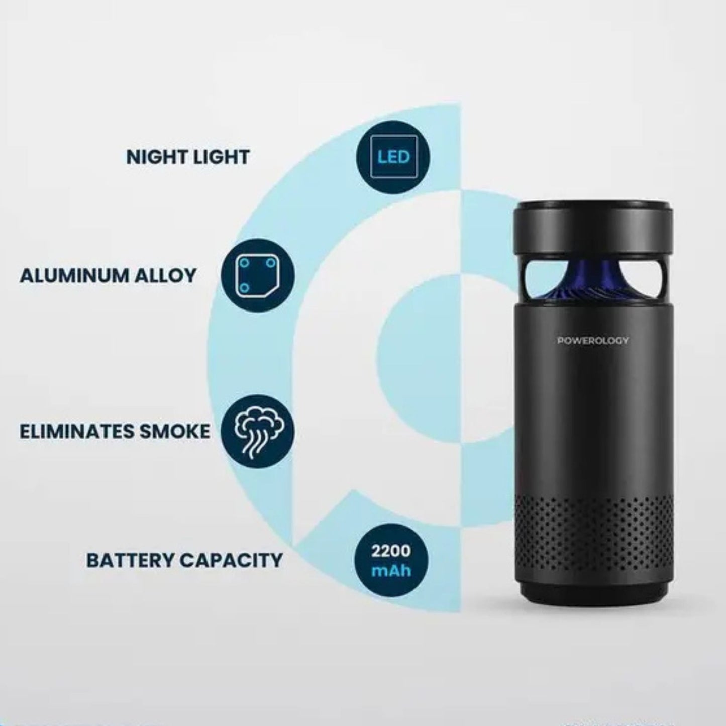POWEROLOGY Portable Mini Air Purifier 2200mAh, 10H Working Time, HEPA Filter, LED Night Light, UVC Sterilization, 360° Air Intake, Dust Removal, for Home Office Car - Black
