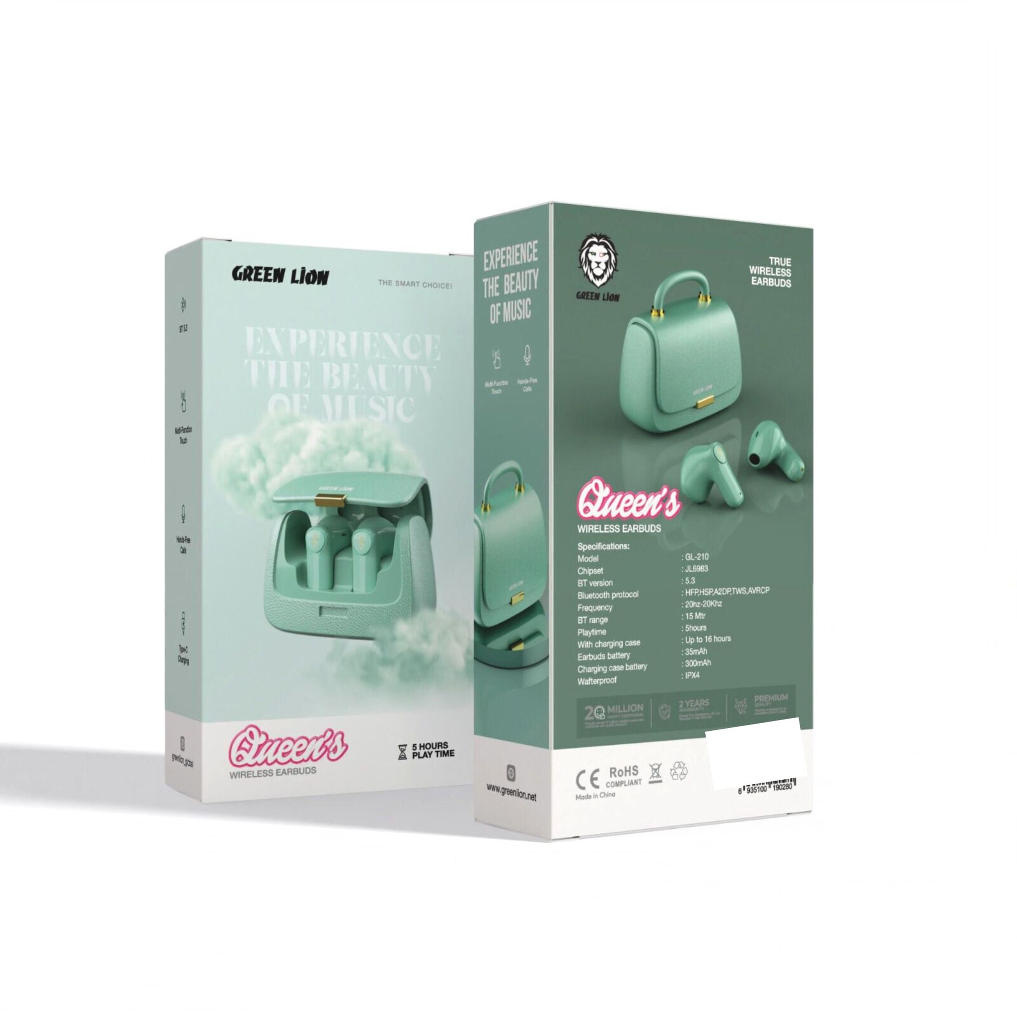 Green Lion Queen's Mini Bag Style True Wireless Earbuds, JL6983 Chipset, Bluetooth Version 5.3, Up to 15 m Bluetooth Range, 5 Hours Playtime, Up to 16 Hours with Charging Case, 300 mAh Charging Case Battery, IPX4 Water Resistance Level - Green