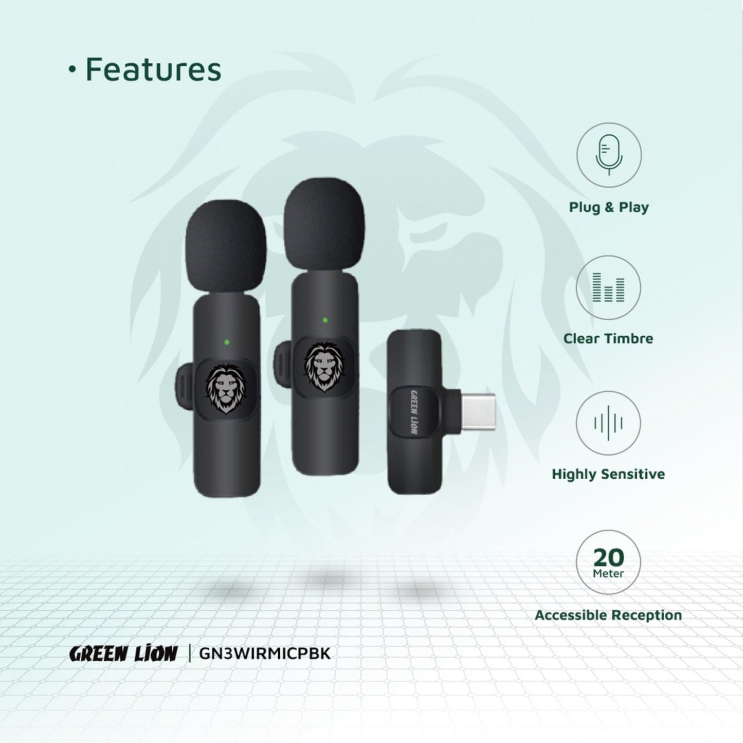 Green Lion 3 in 1 Wireless Microphone with 20 Meters Range, Highly Sensitive, 60mAh Battery Capacity, 5-6 Hours Battery Life - Black