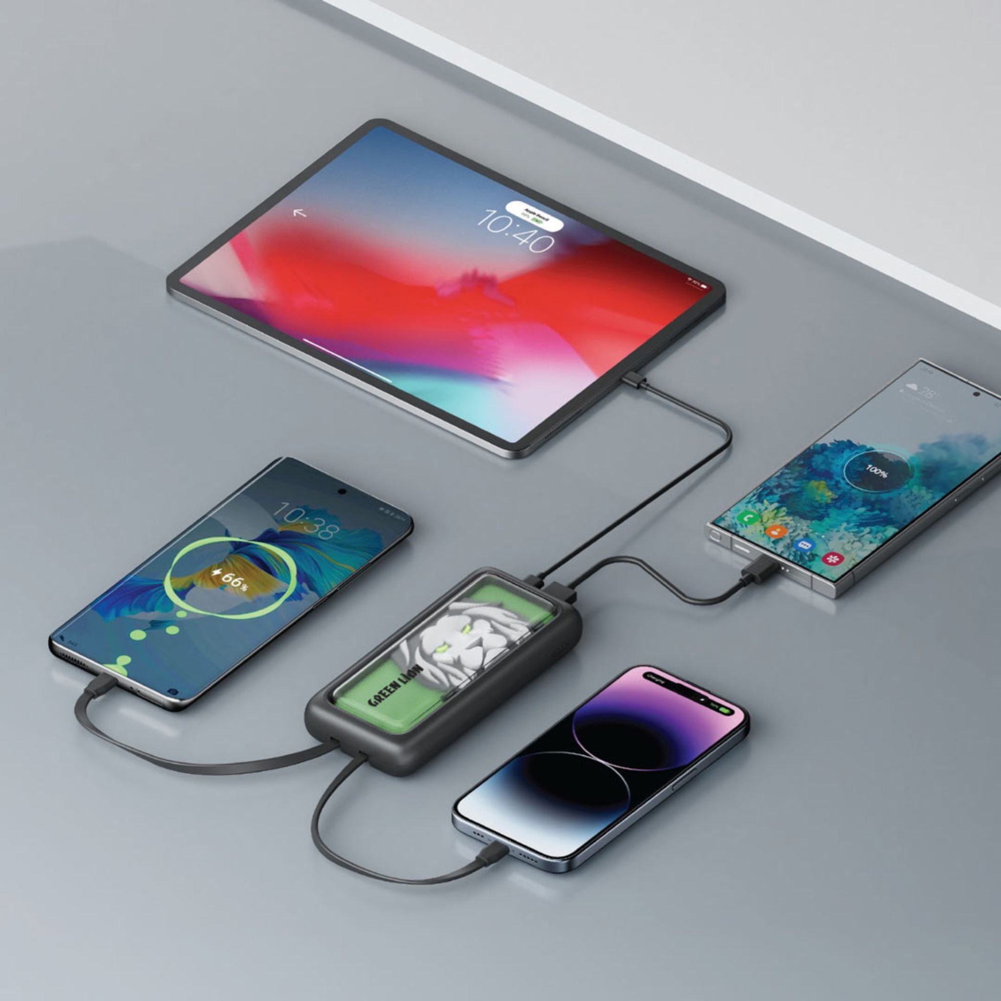 Green Lion Le Lion 10000mAh Power Bank with LED Indicator, PD 36W Fast Charge, UASB-A & USB-C Ports, Built-In Type-C & Lightning Head Cables, Multi-Device Charging, Compact & Lightweight - Black