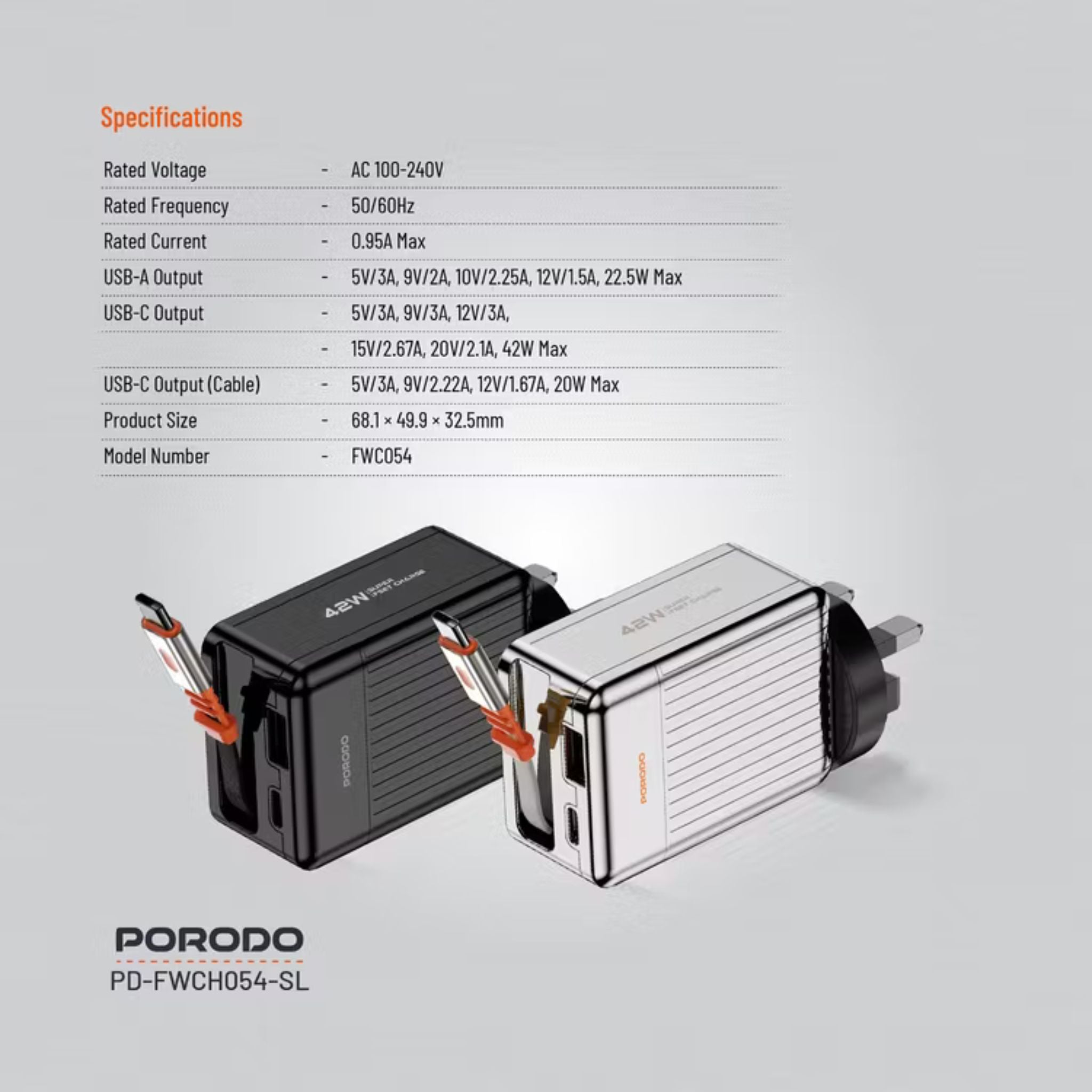 Porodo Super Quick GaN Charger with 75cm Retractable Type-C Cable, 42W Power Delivery, Simultaneous Charging, 22.5W USB-A Output, Built-in Safeguards - Black