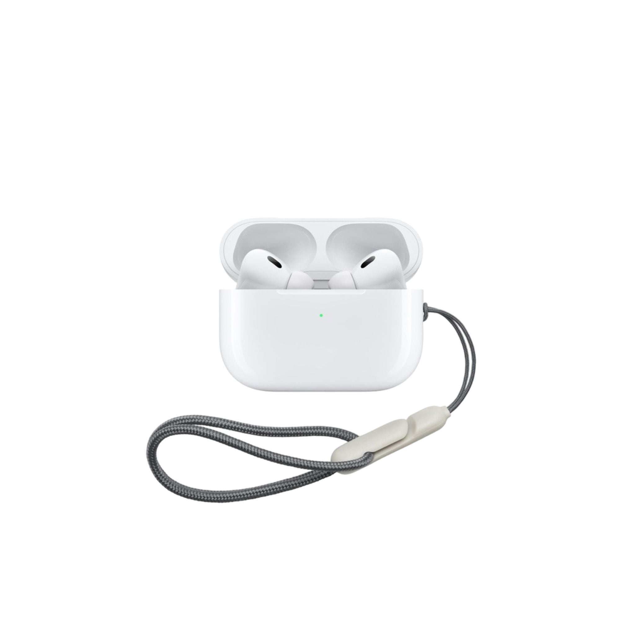 A pair of white Green Lion 2nd Gen earbuds with a charging case and a lanyard.