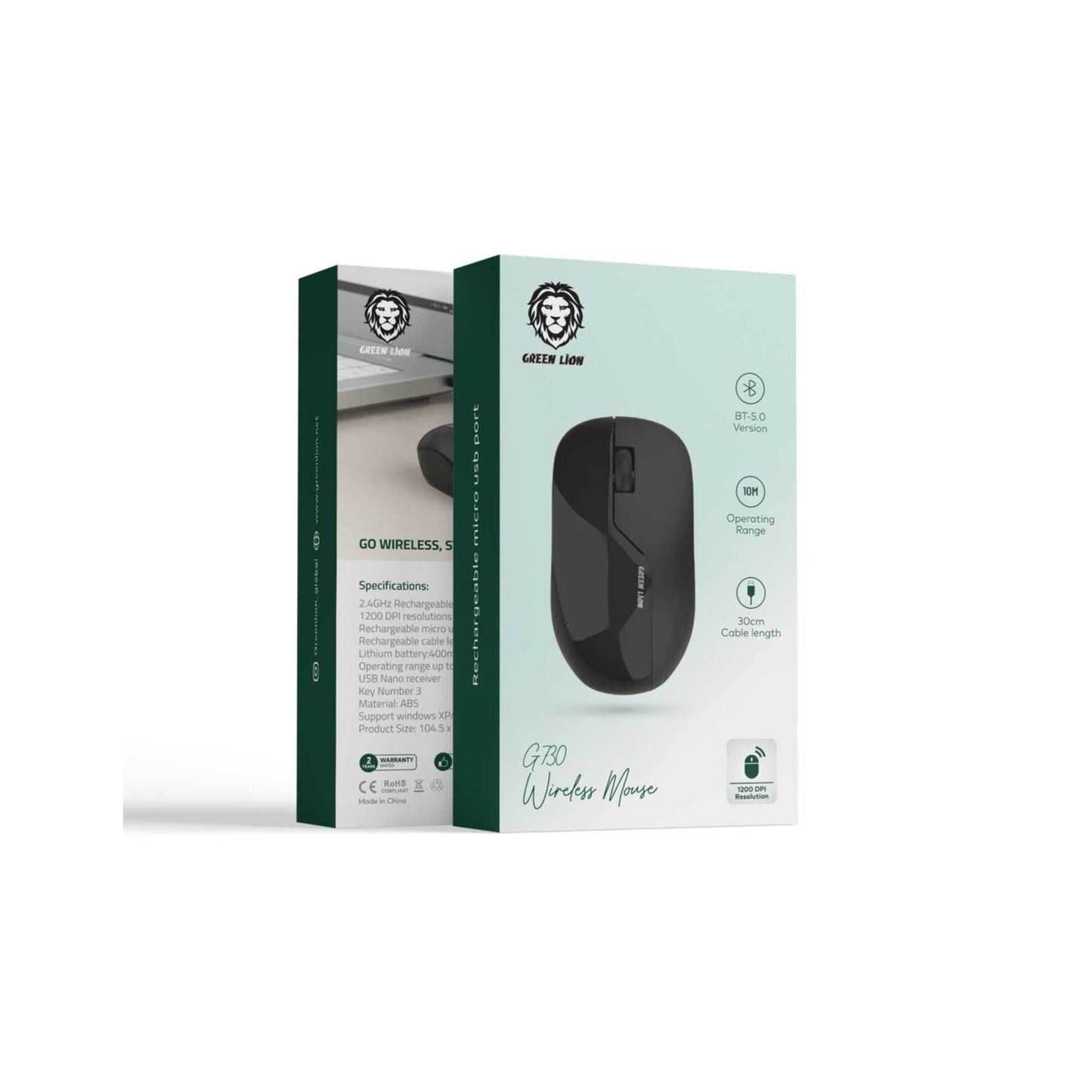 Green Lion G730 Wireless Mouse, ABS Material, 400mAh Battery Capacity, 3 Key Number, 1200 DPI Resolution, Compatible with Windows XP, Vista, 7, 8, 10, Mac, 30 cm Rechargeable Cable Length - Black