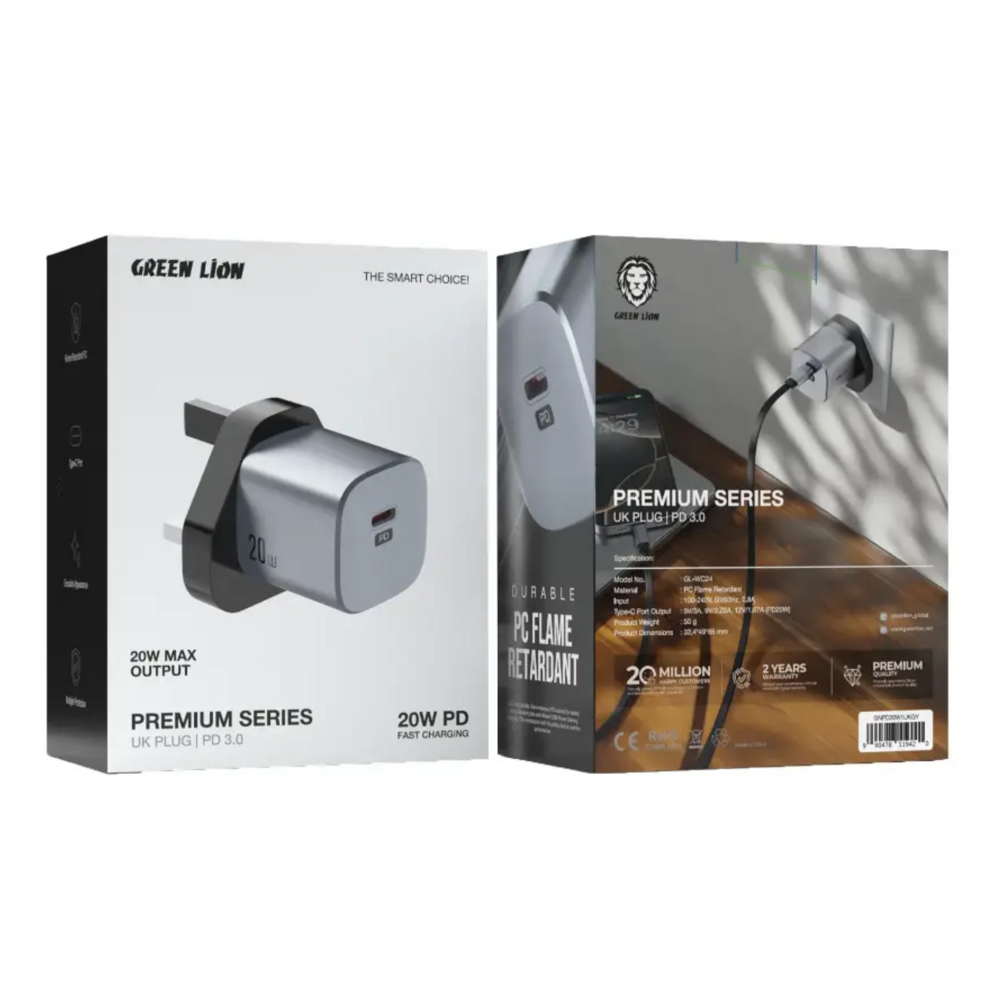 Green Lion Premium Series UK Plug Wall Charger 20W - Gray