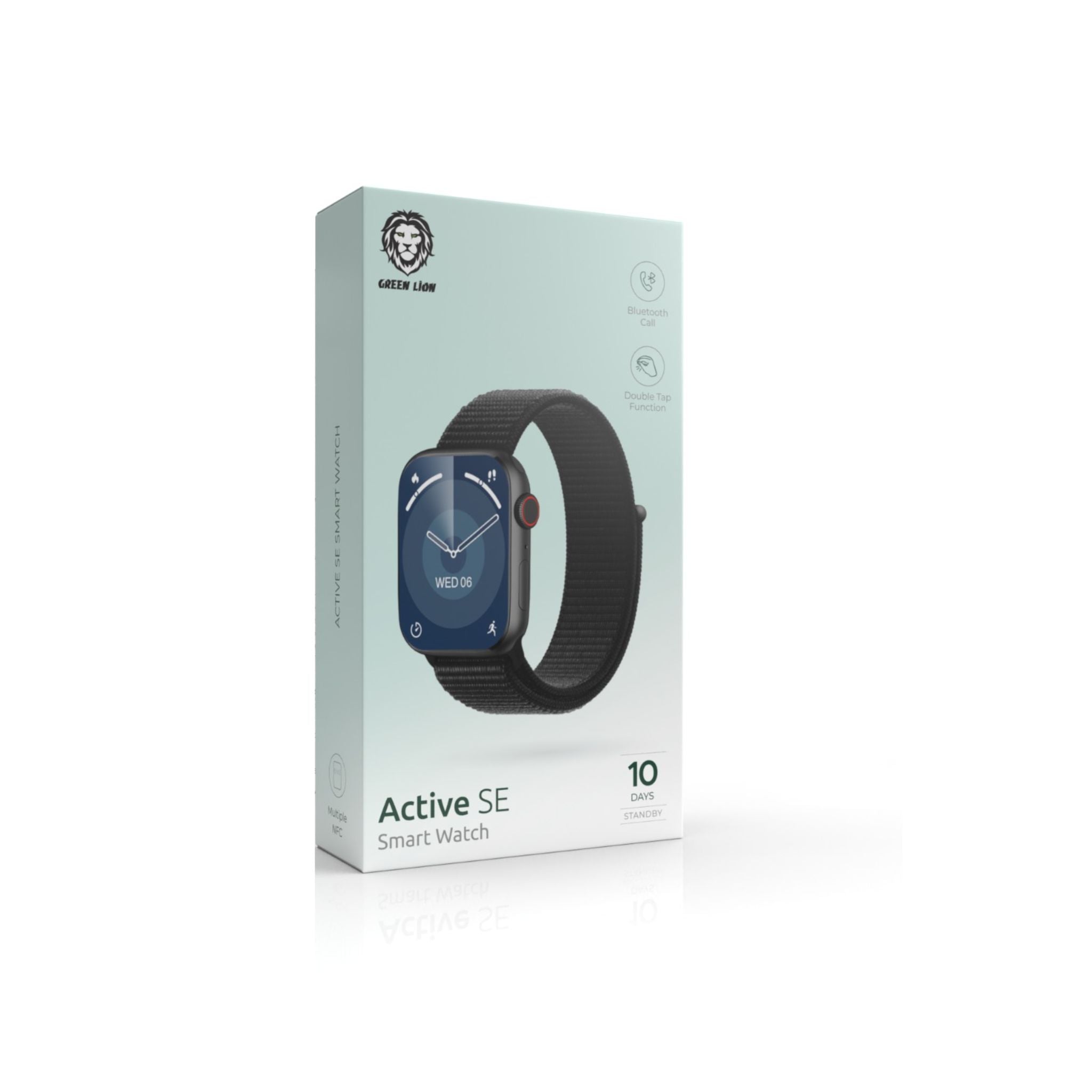 Green Lion Active SE Smart Watch with Full Square Display, 250mAh Battery, Multiple NFC, Waterproof, Bluetooth Call, Heart Rate Tracker, Wireless Charging, Bedside Lamp Mode - Black