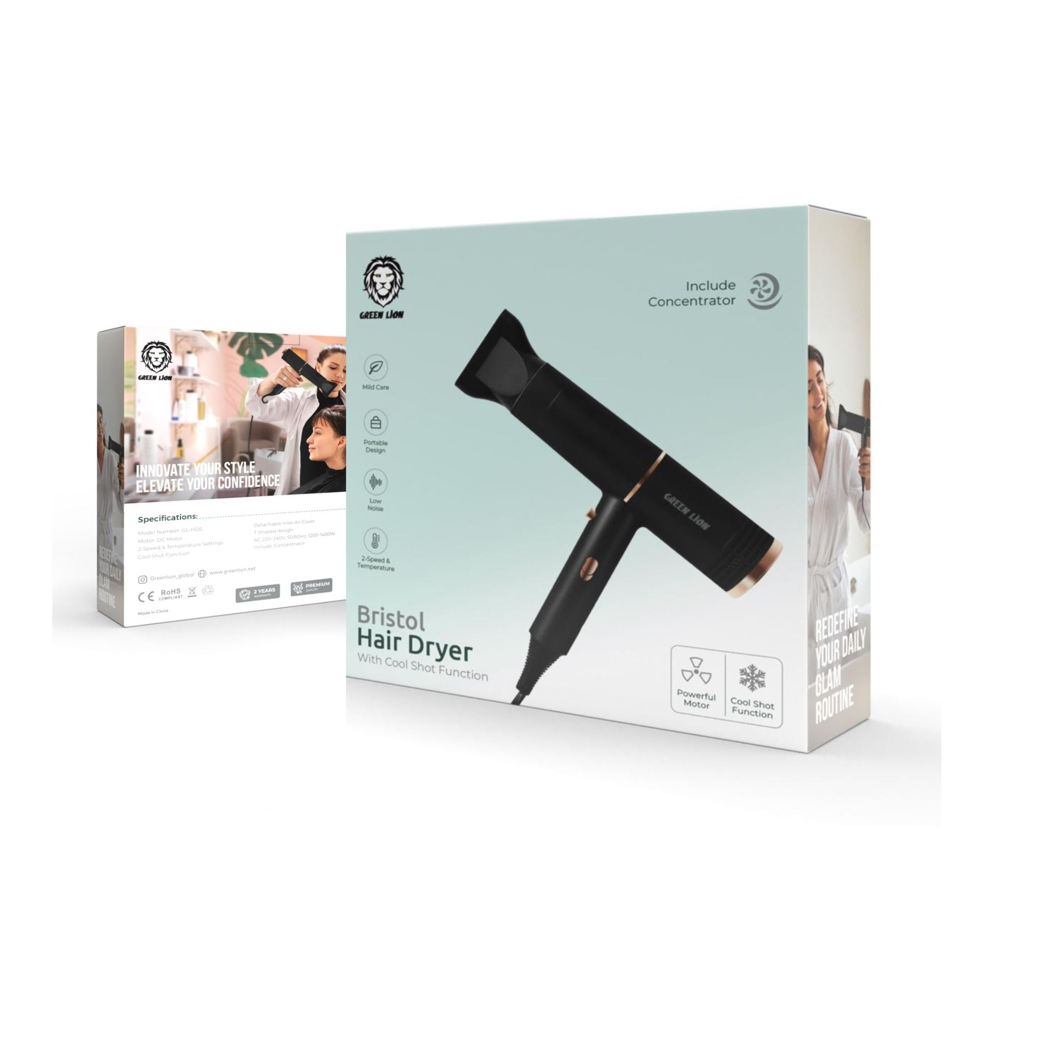 Green Lion Bristol Hair Dryer with Cool Shot Function, Powerful DC-Motor, 2-Speed & Temperature Setting, Detachable Inlet Air Cover, Low Noise, Portable Design - Black