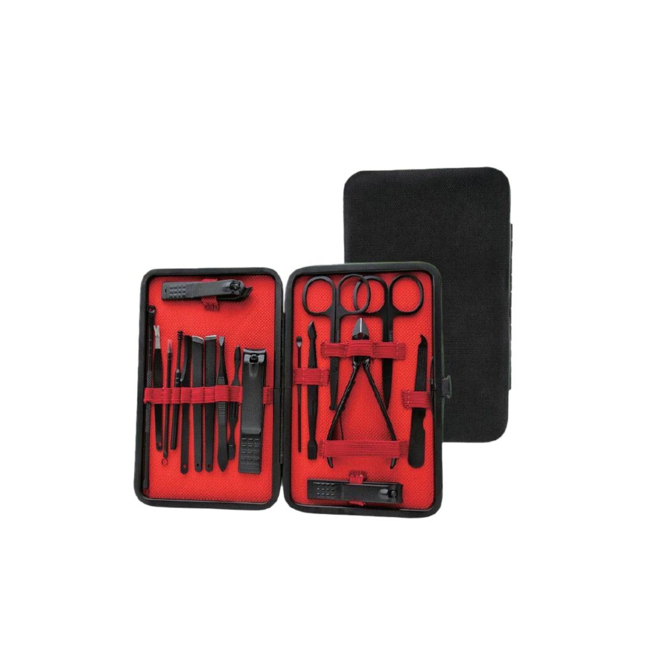 A Black and red Green Lion 18 in 1 manicure travel cutter set, displayed open with various tools including scissors, nail clippers, and tweezers, against a white background.