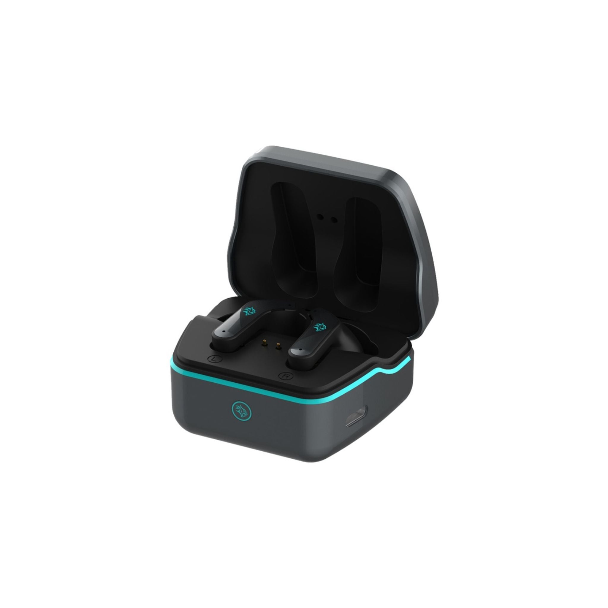 A pair of black Porodo ultra low-latency gaming earbuds with a charging case, featuring smart touch controls and RGB breathing lights.