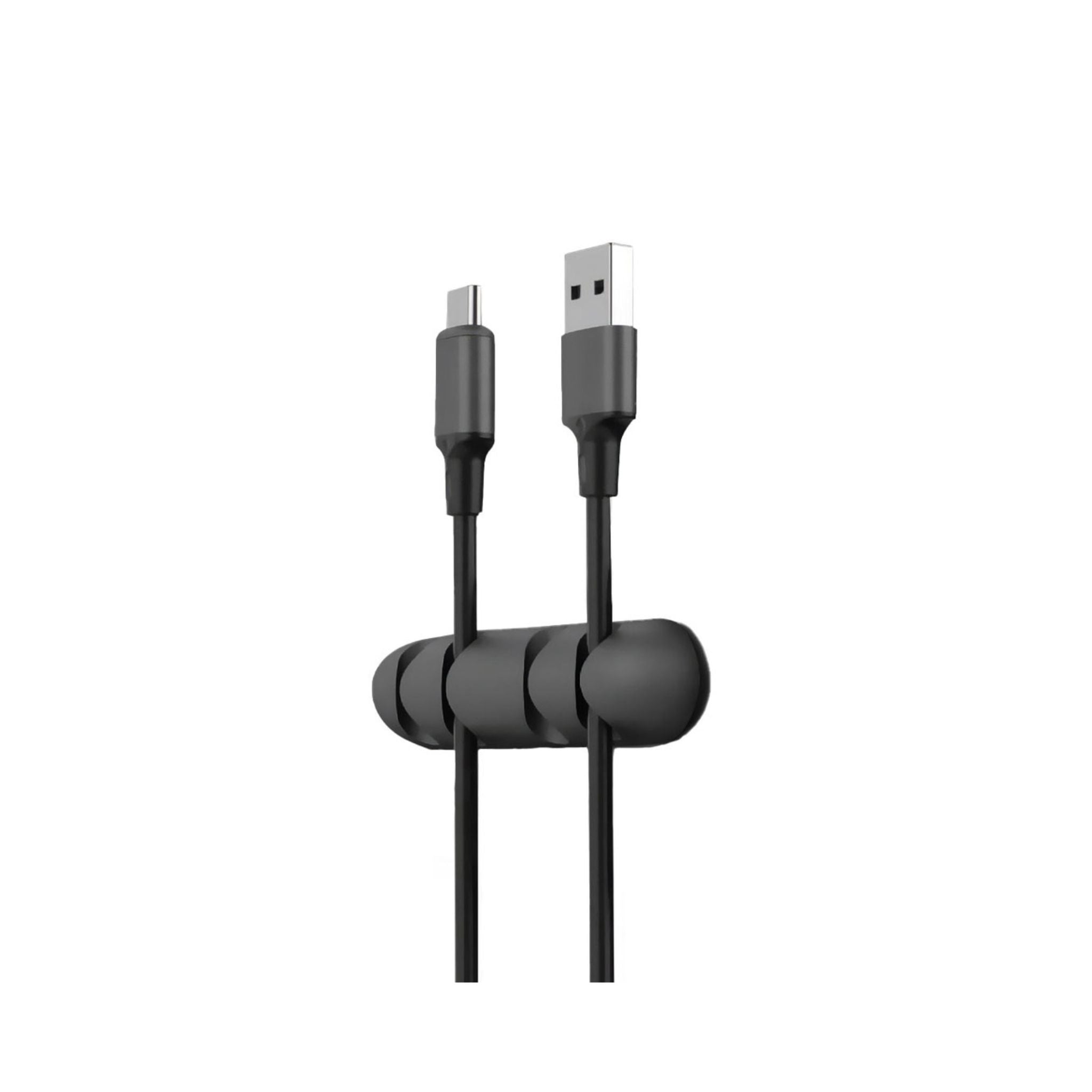 A black cable organizer by Green Lion holding two cables, showcasing its ability to manage and organize cables neatly.