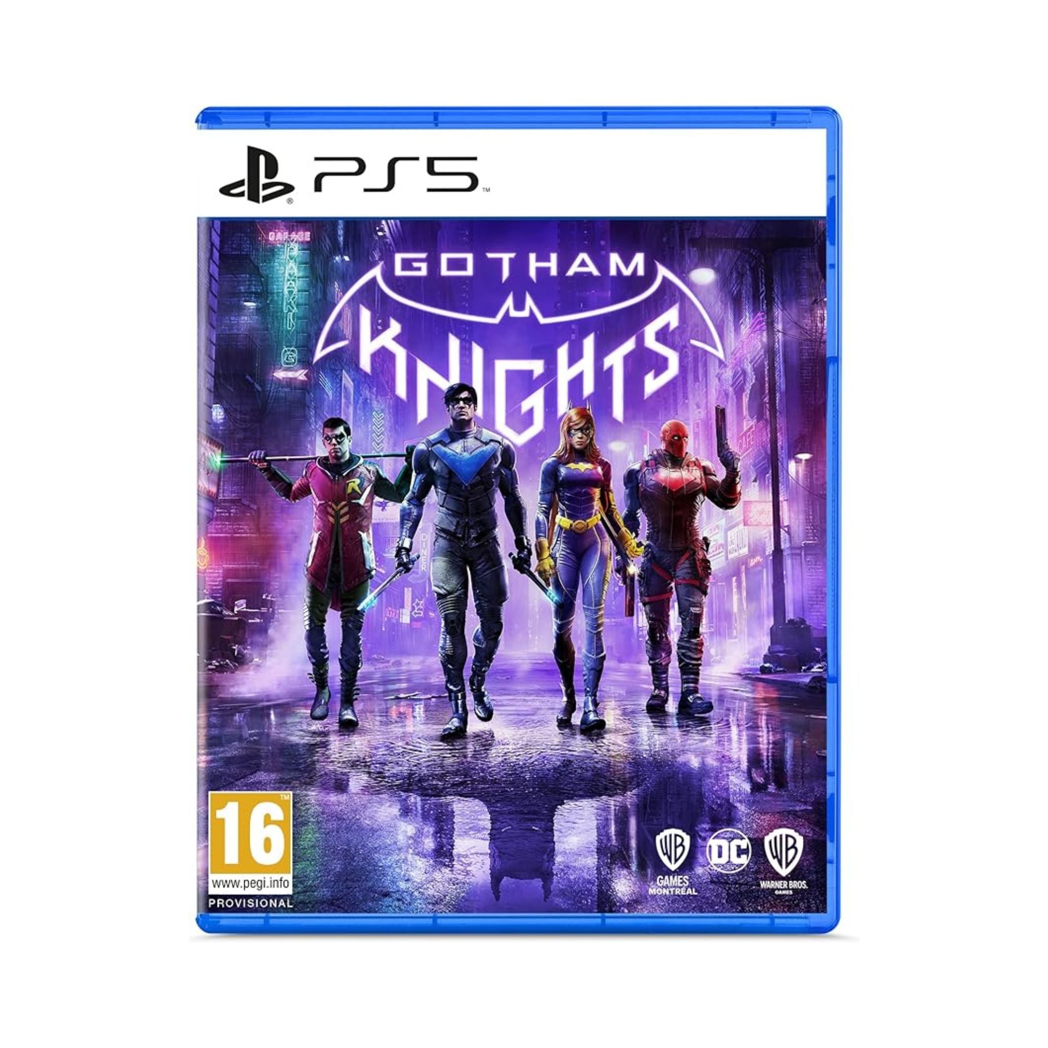 Gotham Knights game box for PS5 with characters on a reflective surface