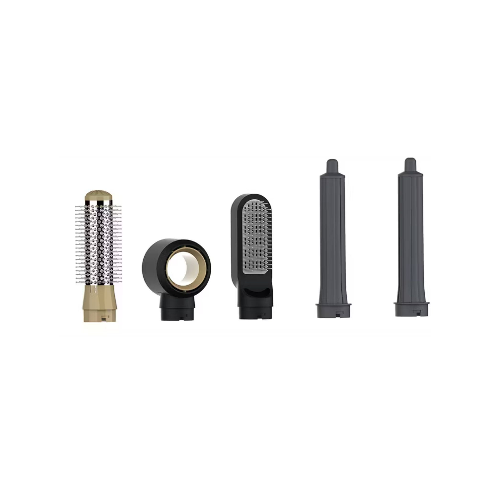 Set of hair styling tools including a comb, clips, and nozzles on a white background