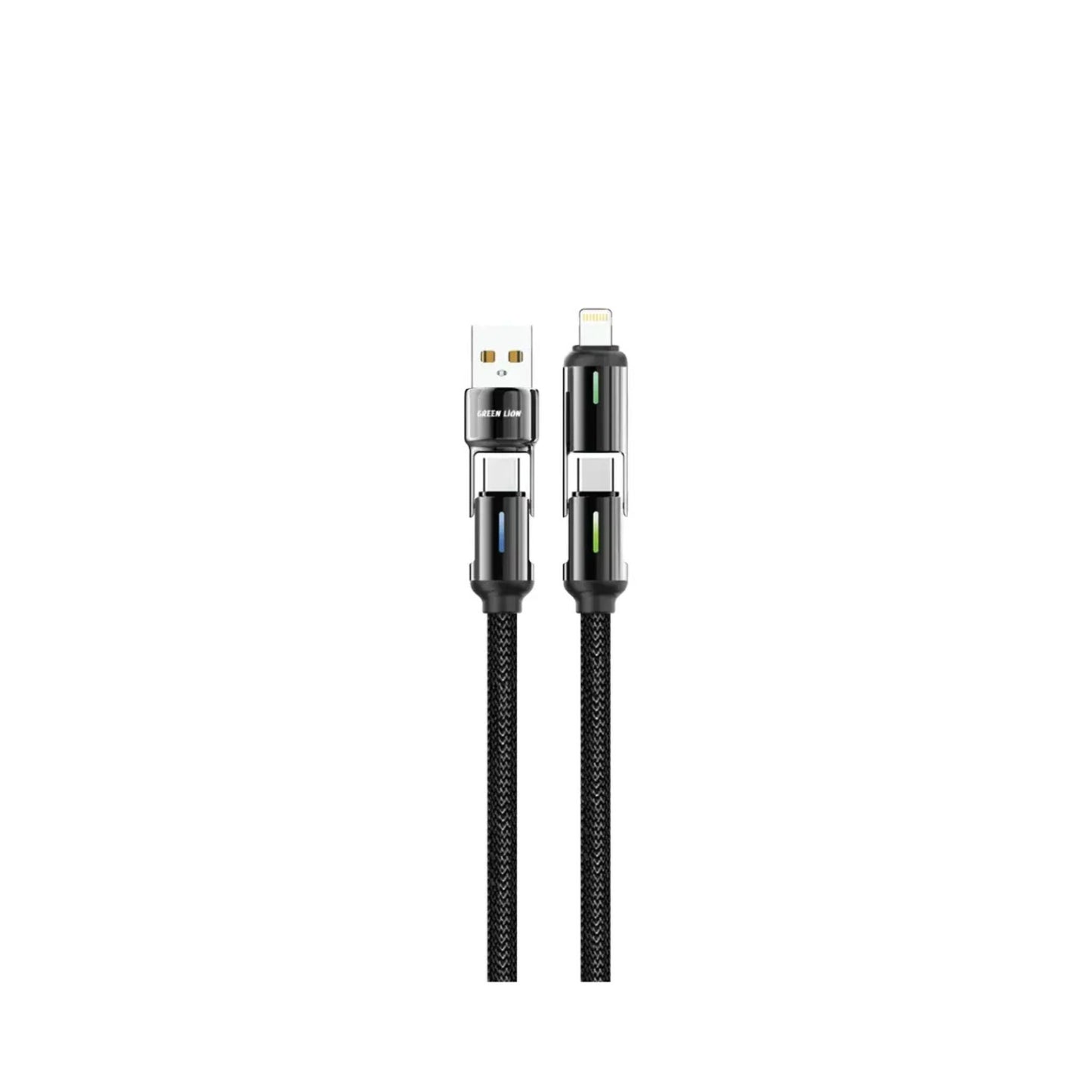Green Lion 4-in-1 LED Braided Cable, 1.2m, 480 Mbps Data Transfer, Braided, Zinc Alloy & Zinc Alloy Shell, 30W, 10000 Bends Lifetime, Universal Compatibility - Black