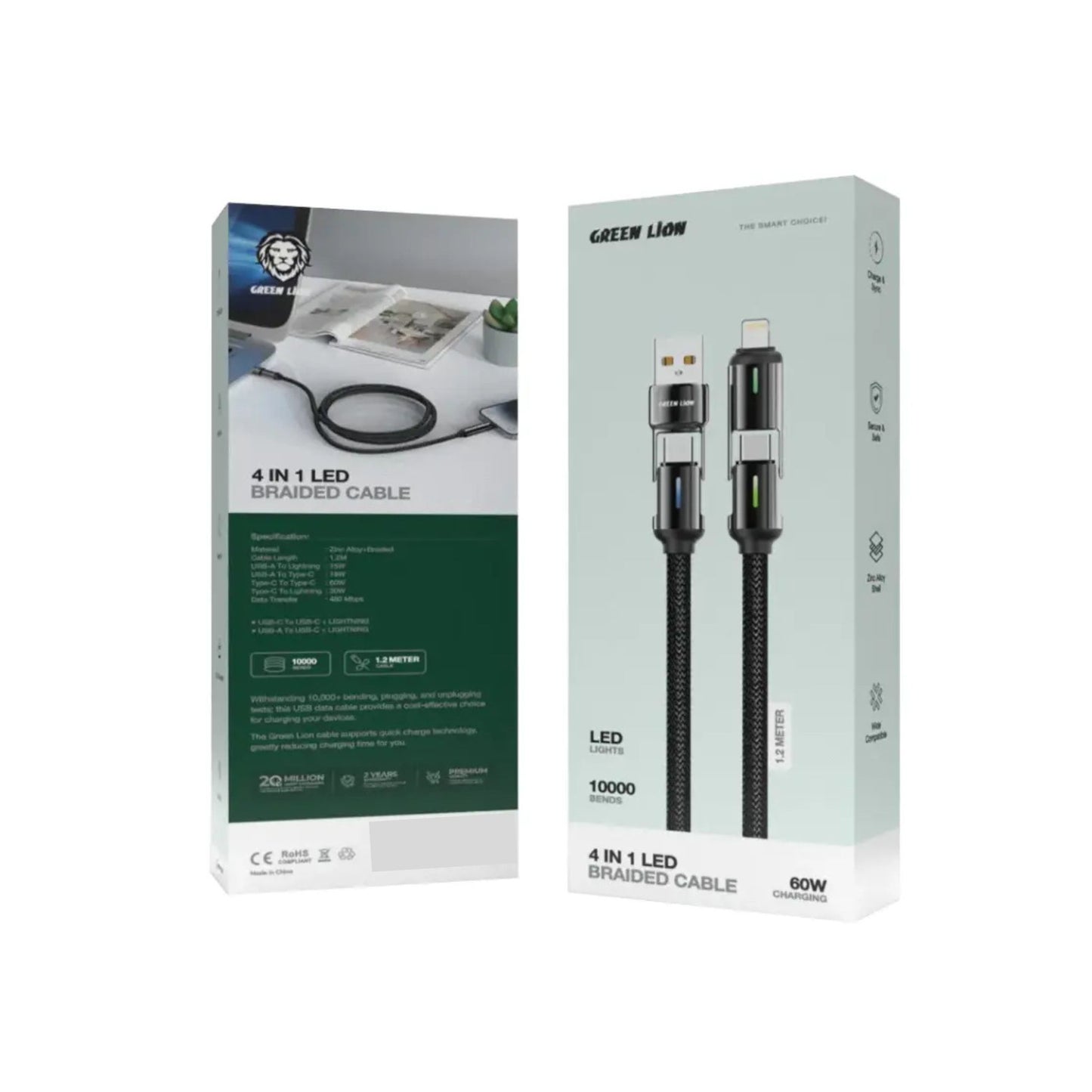 Green Lion 4-in-1 LED Braided Cable, 1.2m, 480 Mbps Data Transfer, Braided, Zinc Alloy & Zinc Alloy Shell, 30W, 10000 Bends Lifetime, Universal Compatibility - Black