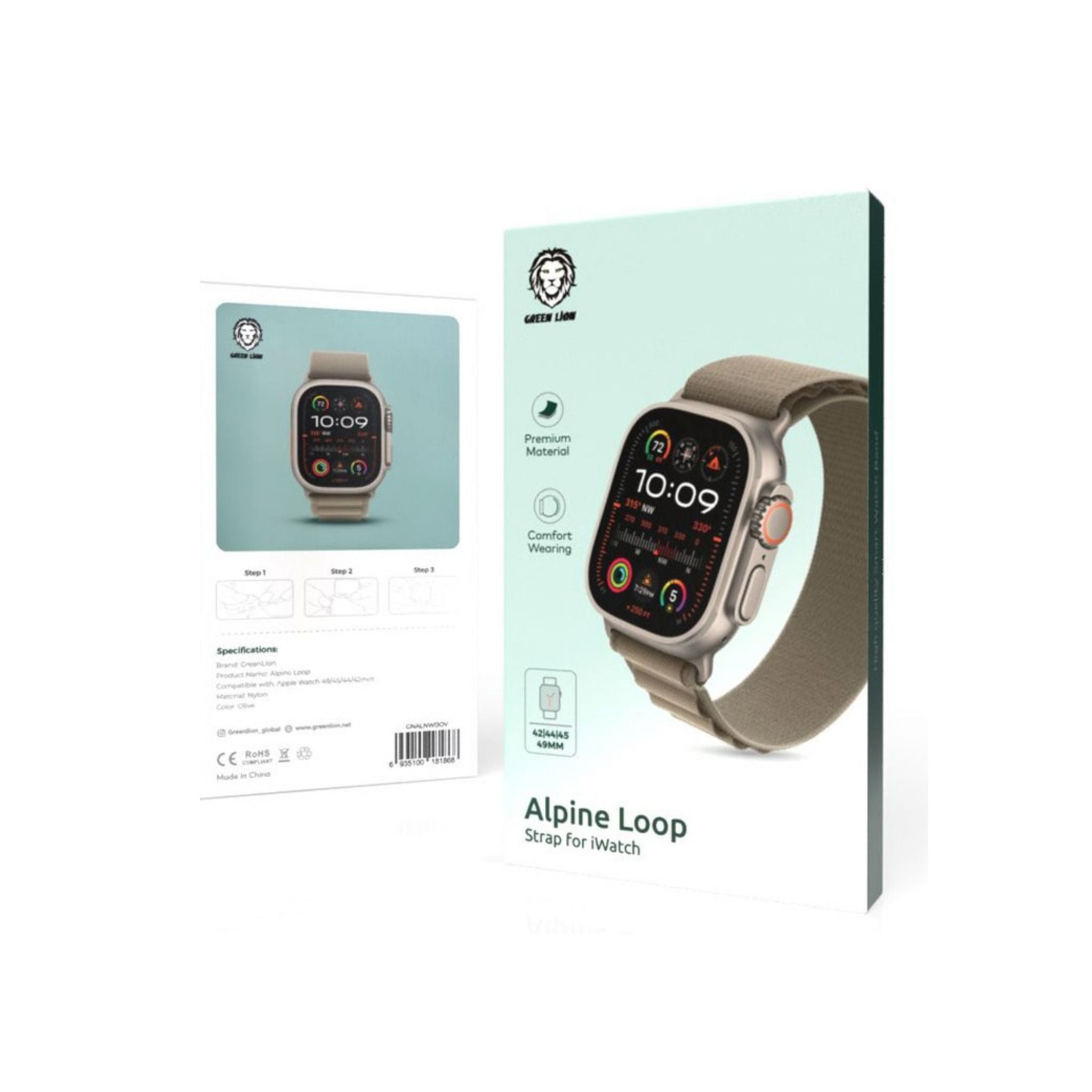 Green Lion Alpine Loop Nylon Strap for iWatch, Comfortable Wearing, Premium Material, Compatible with Apple Watch 42/44/45/49 mm, Available in Various Colors - Green