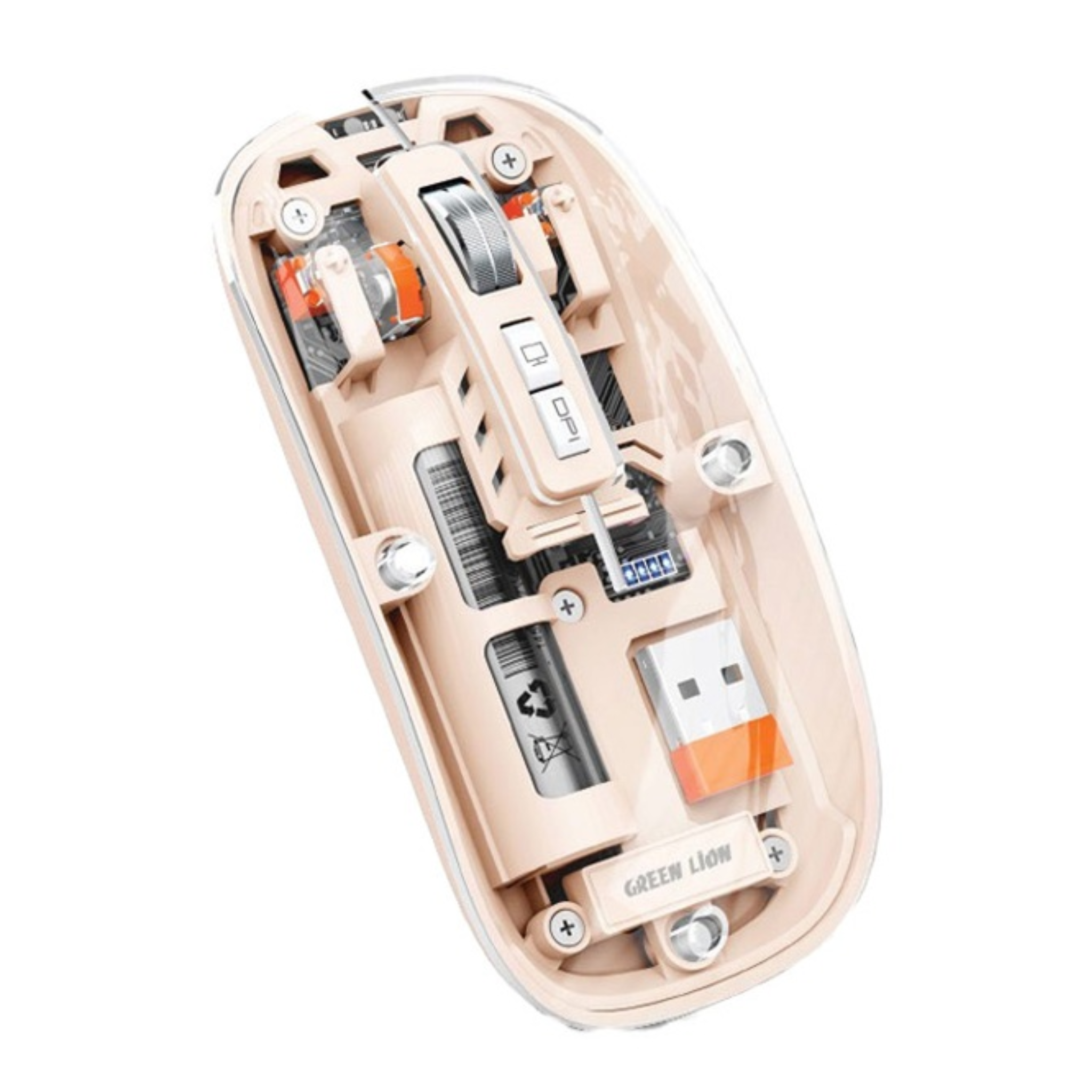 A pink Green Lion transparent wireless mouse with visible internal components due to its clear bottom surface.