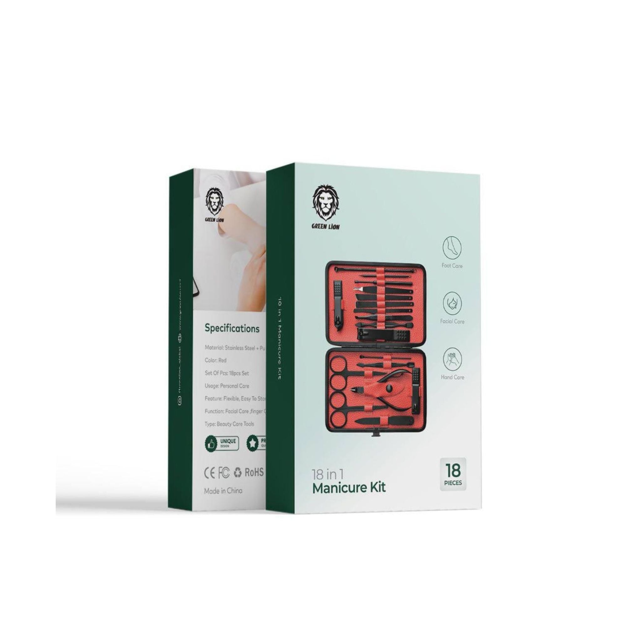 Green Lion 18-in-1 Travel Manicure Kit with Stainless Steel & PU Leather Material, Facial Care Tools, Foot Care Tools, Hand Care Tools - Black