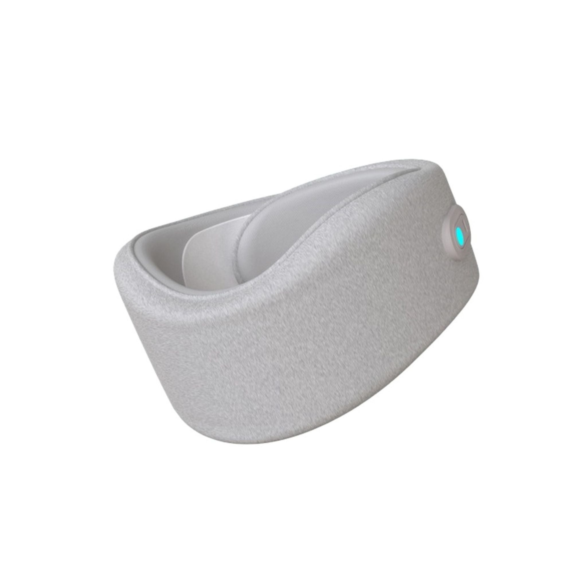 A gray Porodo 360° neck massager with a soft, padded exterior and a small blue light on the front. It is designed to wrap around the neck and has a velcro closure.