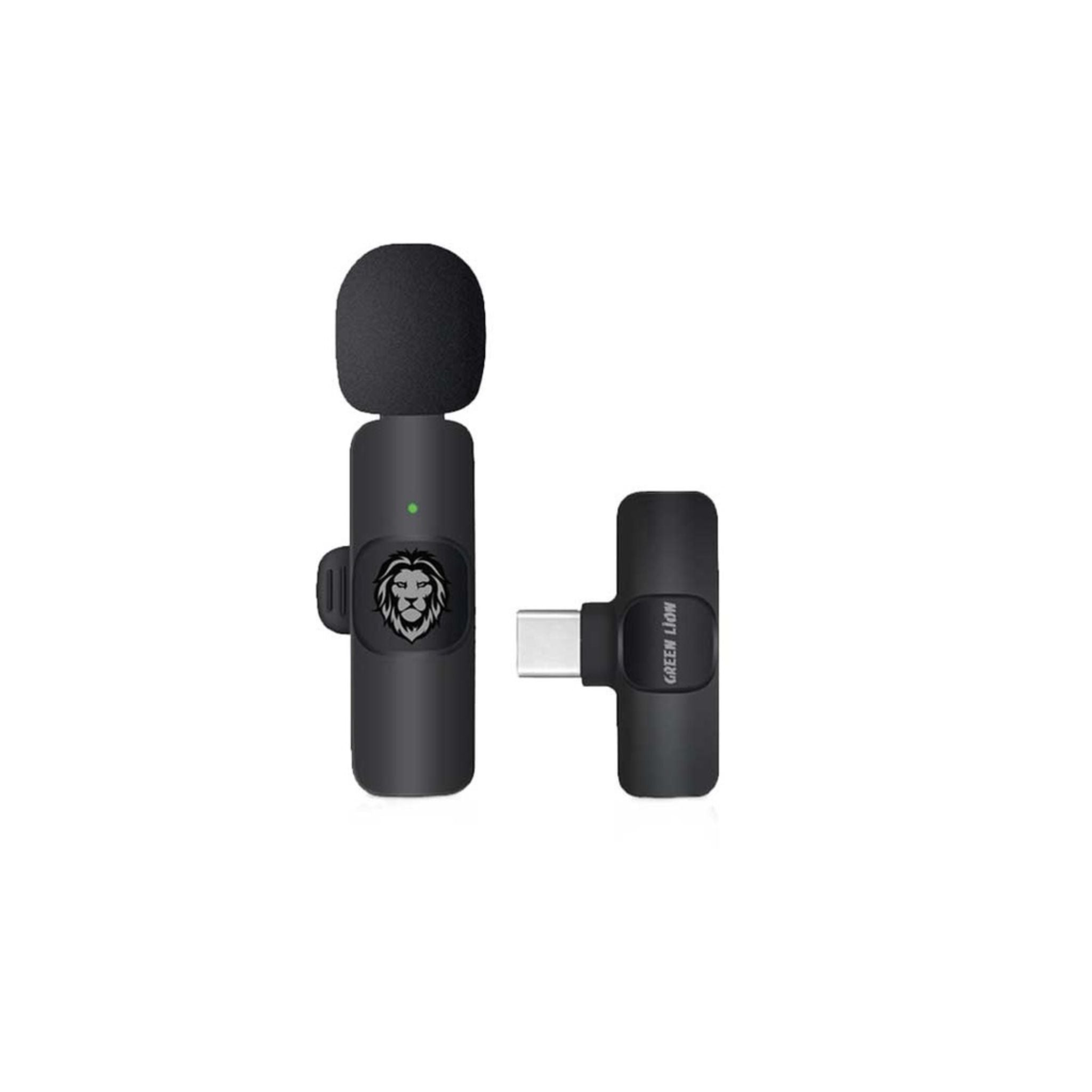 A wireless microphone with a black body and a lavalier design, featuring a digital silicone mic and three different plug types: USB-A, Type-C, and Lightning.
