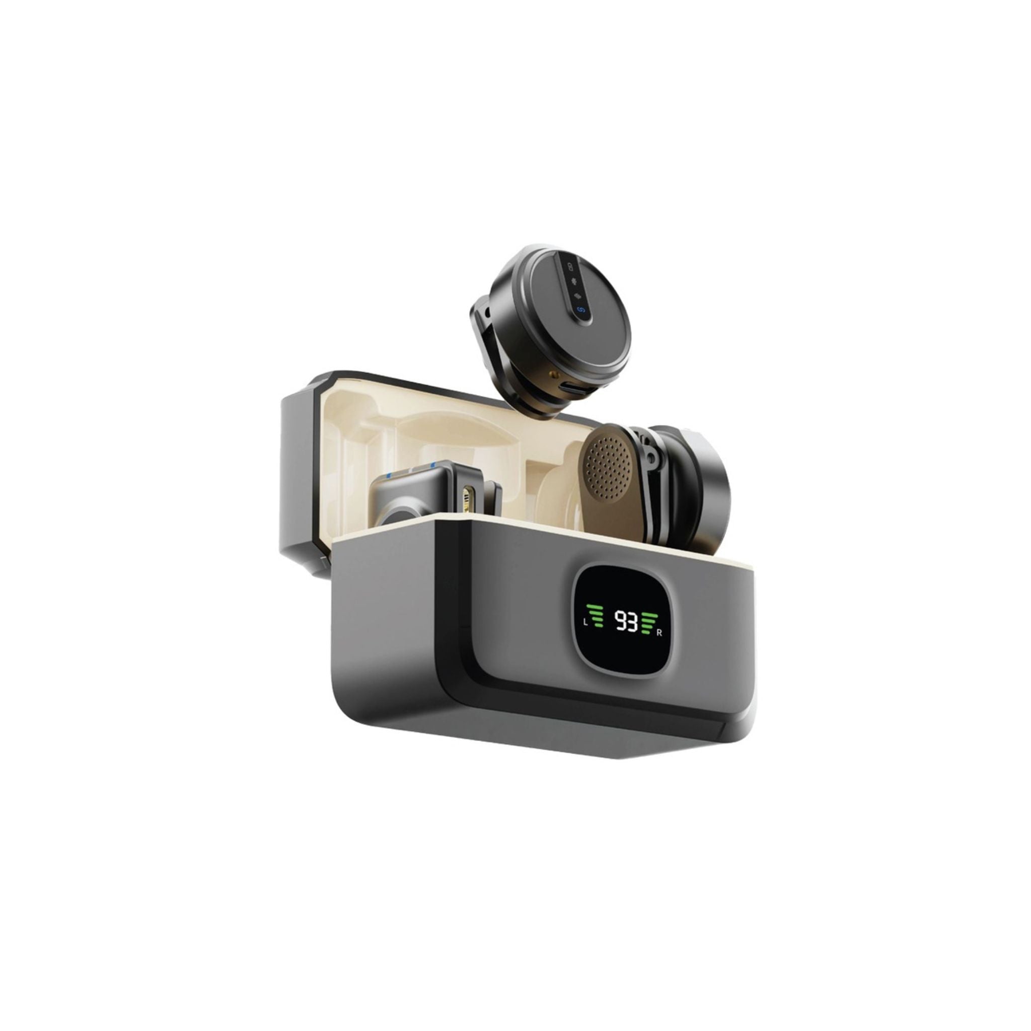 The image shows a wireless microphone system with a digital display indicating the frequency 2.4GHz and the battery level 99%.