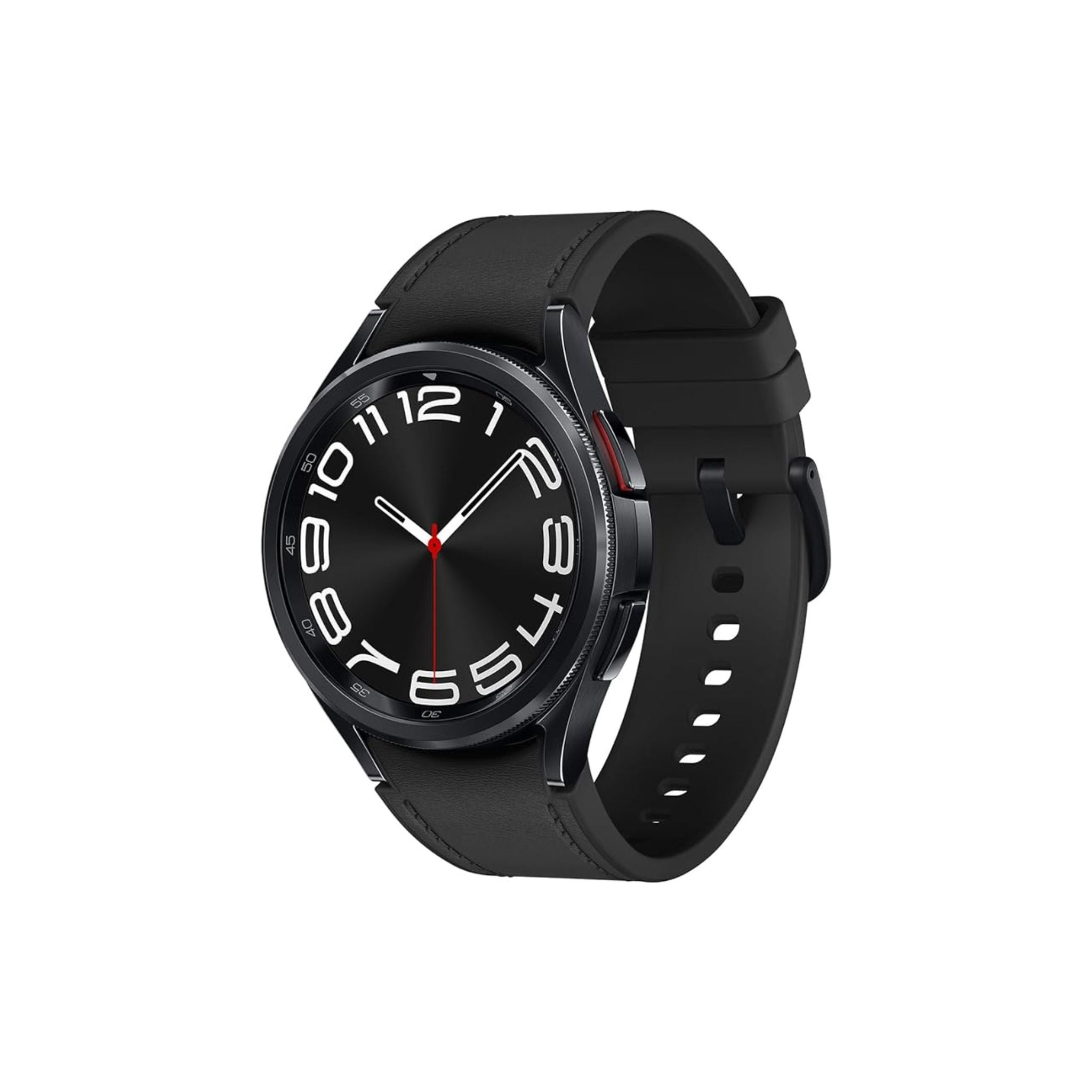 Samsung Galaxy Watch6 Classic smartwatch in black color with a black band and a black dial featuring a rotating bezel and physical crown.