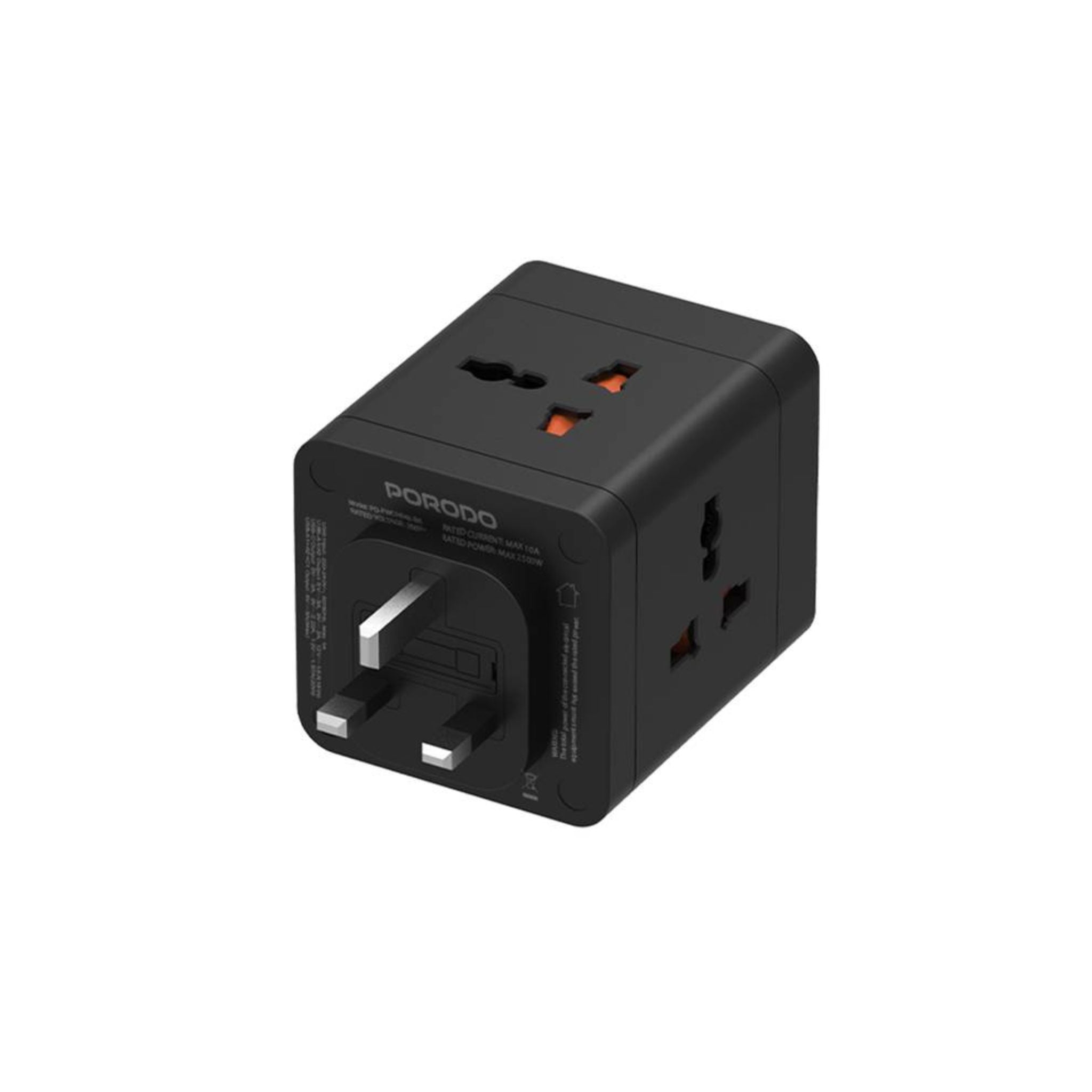 A black Porodo PD20W QC 3.0 2A+1 Type C Adaptor with USB-C and USB-A ports, and a UK-13A fused plug.