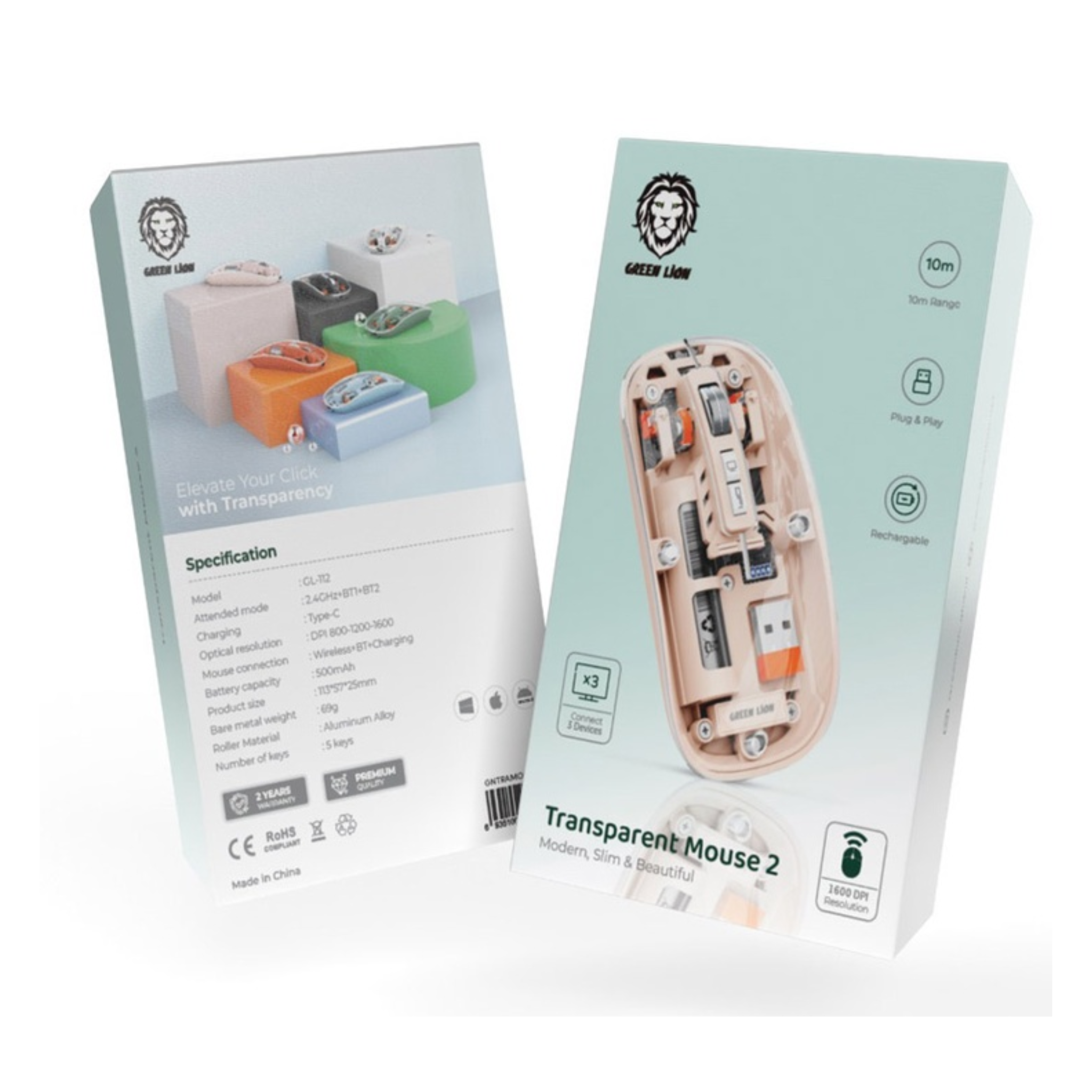 Green Lion Transparent Wireless Mouse 2 with 5 Keys, Connects to Up to 3 Devices Simultaneously, 500mAh Rechargeable Battery, 10m Distance Range, Plug & Play - Pink