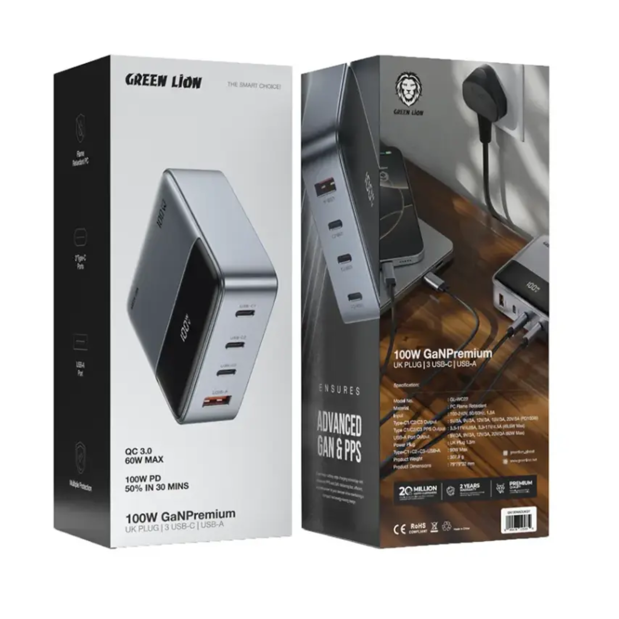 Green Lion 100W GaN Premium UK Plug Adapter - Gray