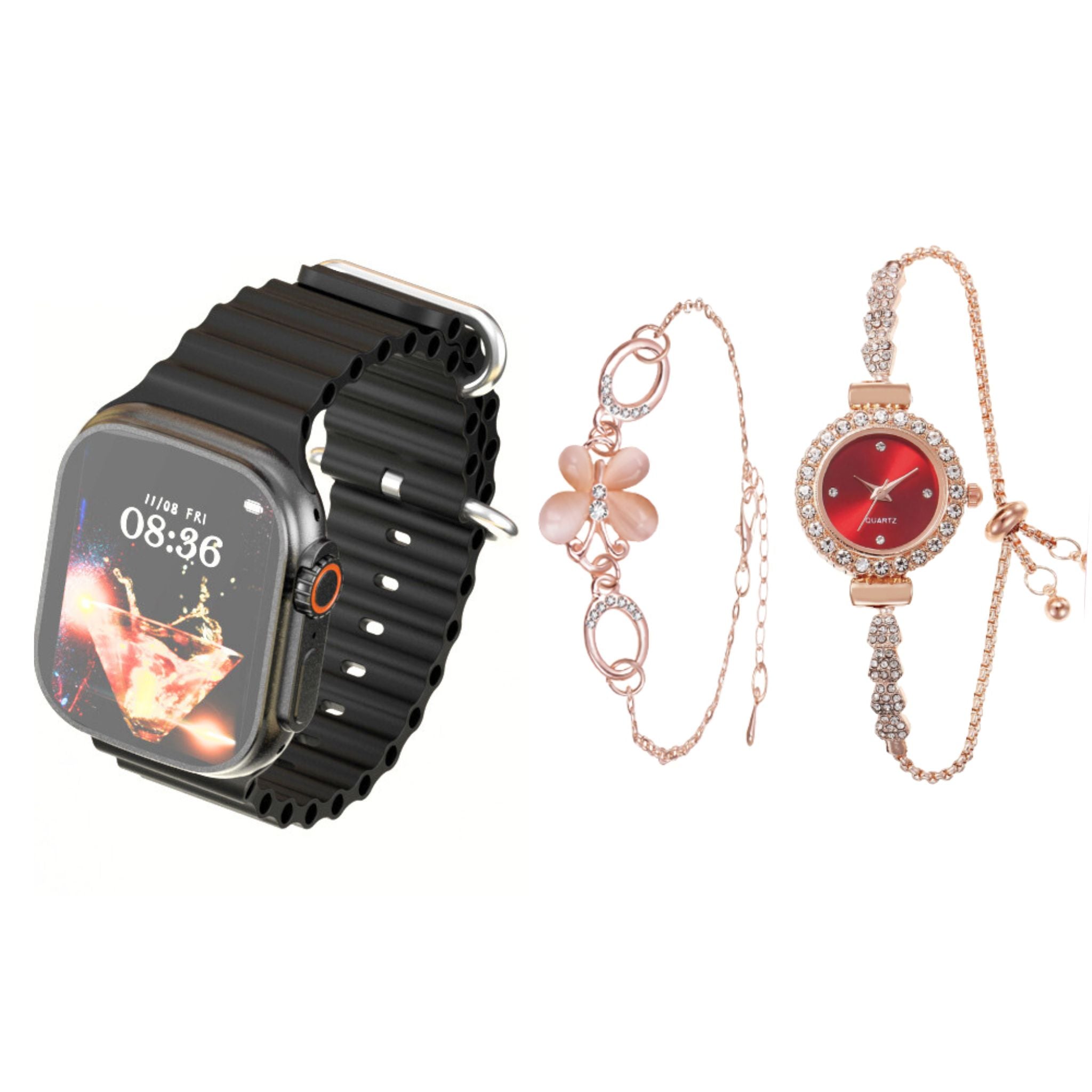 A collection of jewelry including a black band smart watch with a silver clasp, and two rose gold tone bracelets with decorative elements.