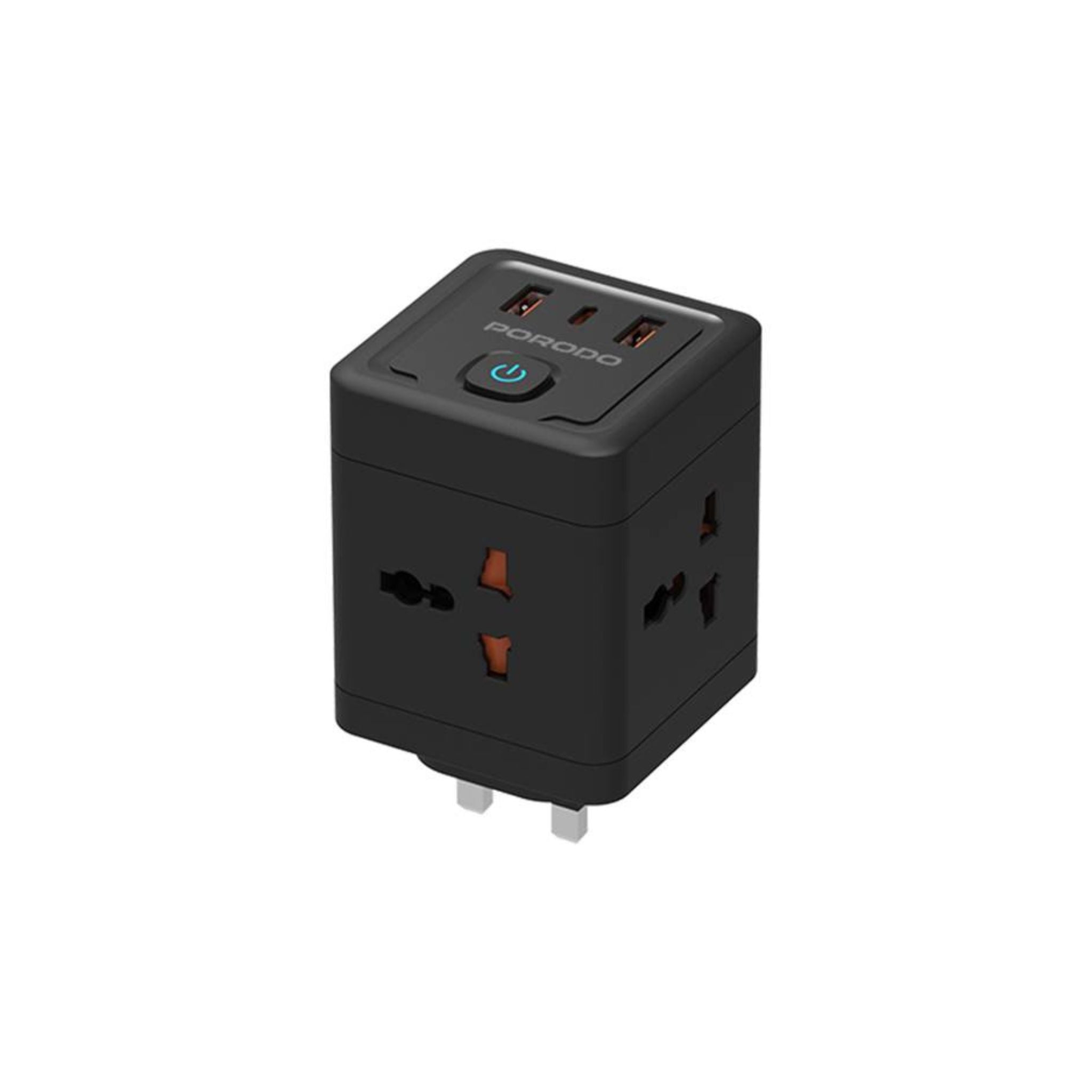 Porodo 4-AC Universal Power Block Adapter with USB-C & Dual USB-A Ports, Fast Charge, 20W Power Delivery, Built-in Safeguards, Simultaneous Charging, 2500W Rated Power - Black