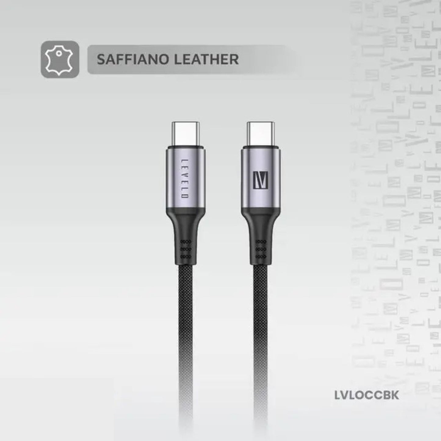 Levelo Otto USB-C to Type-C 60W Leather Cable, Tangle-Free, Fast Charging, Heat Resistant, 1.2m Cable Length - Black