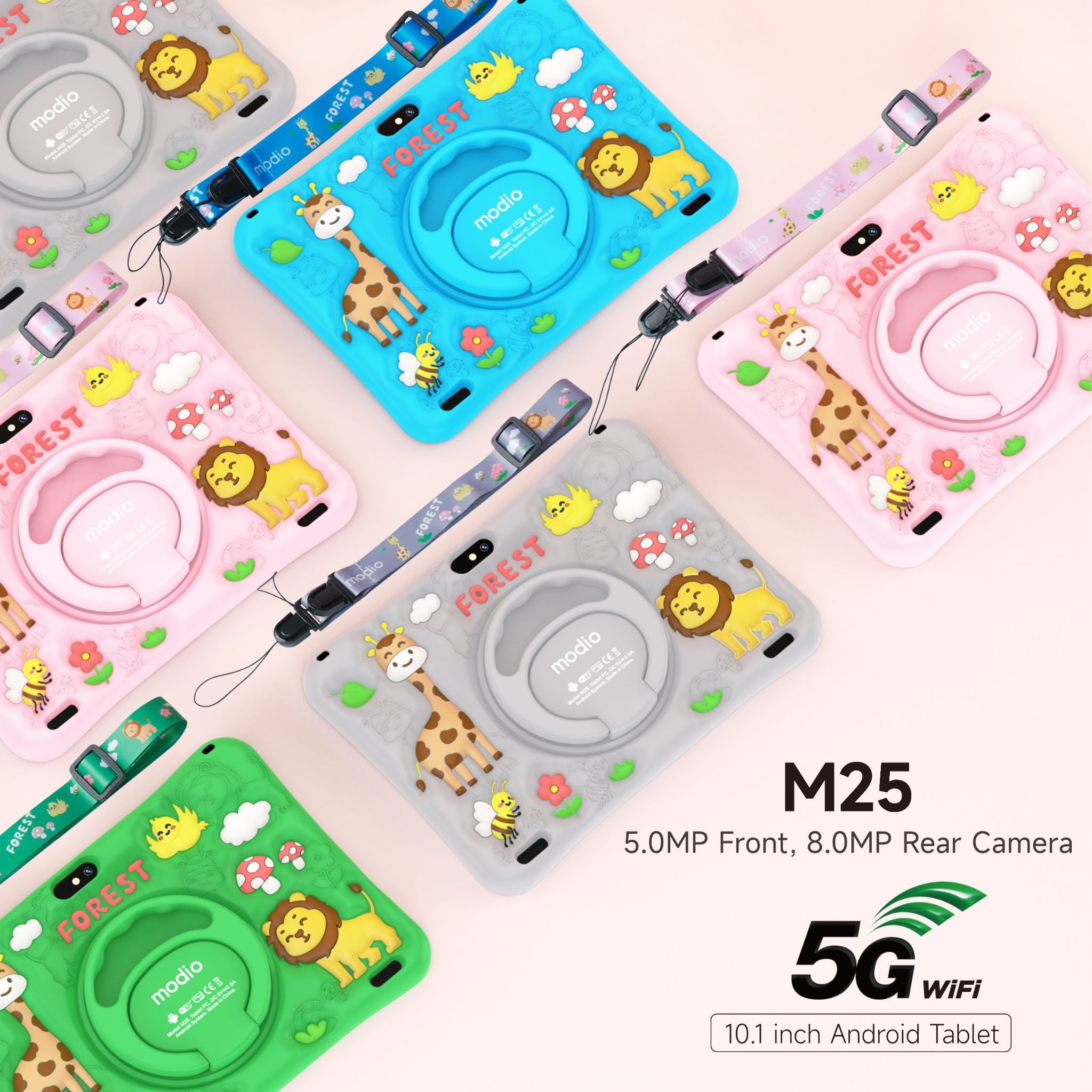 Colorful tablet cases with animal designs on a light pink background