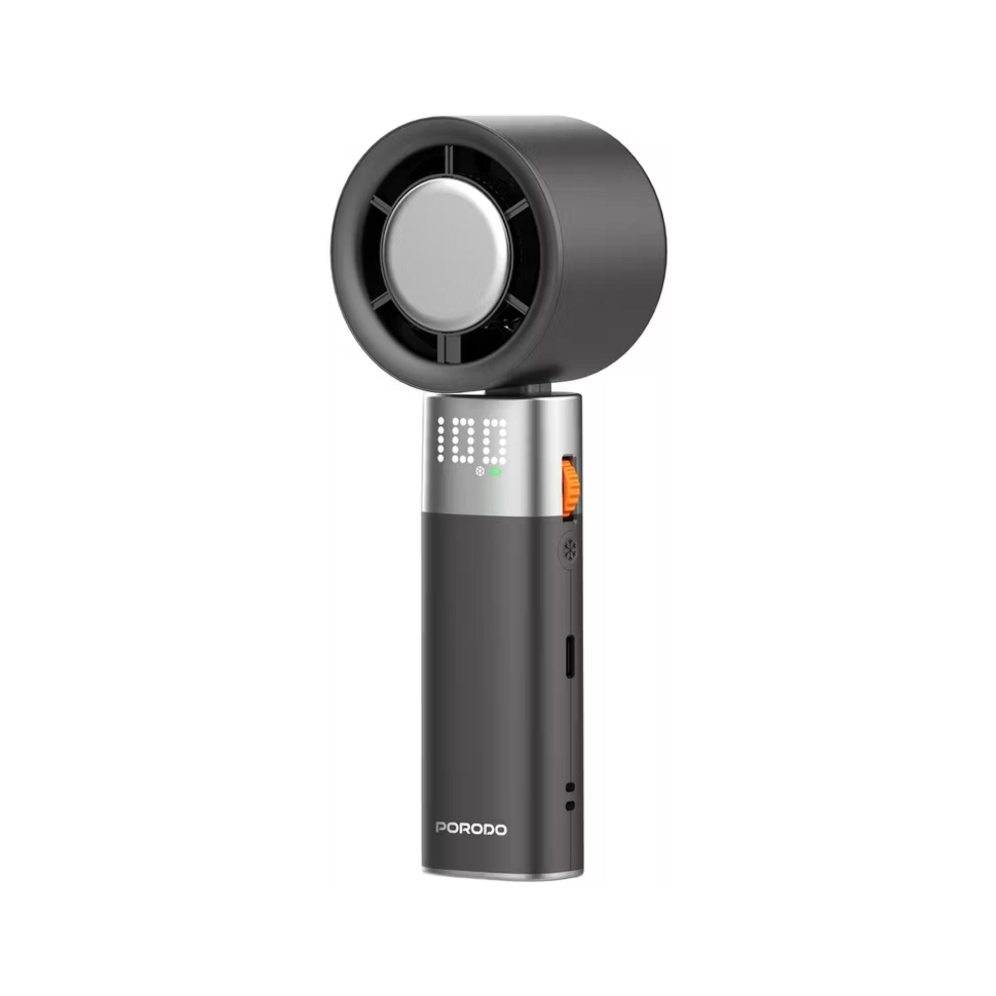 Black handheld vacuum cleaner with visible brand logo on a white background