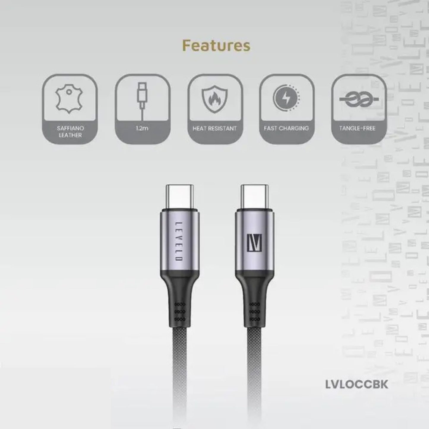 Levelo Otto USB-C to Type-C 60W Leather Cable, Tangle-Free, Fast Charging, Heat Resistant, 1.2m Cable Length - Black