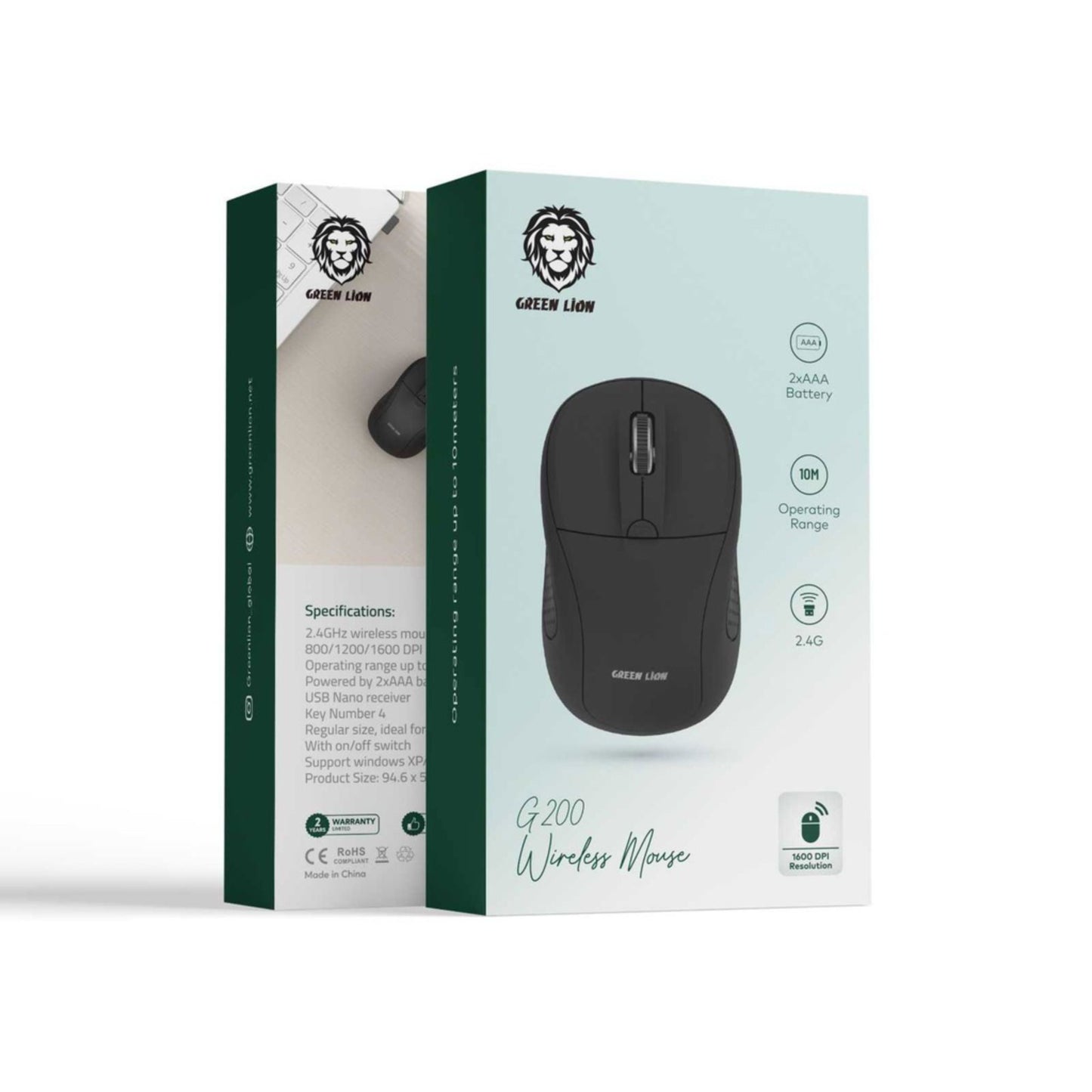 Green Lion G200 Wireless Mouse, Lightweight, Compact Design, Up to 10m Operating Range, 800, 1200, 1600 DPI Resolution - Black