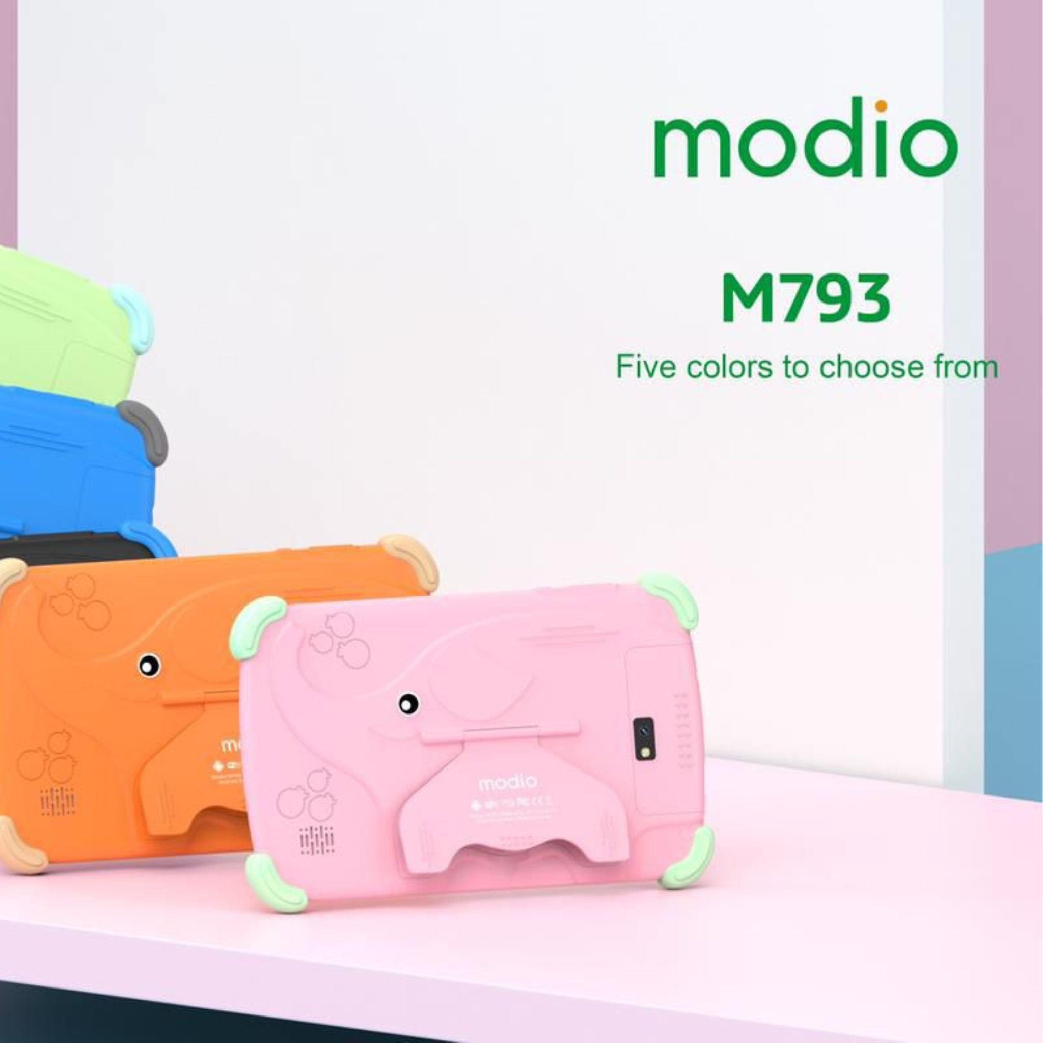 Pink and orange bags with 'modio' branding on a white background