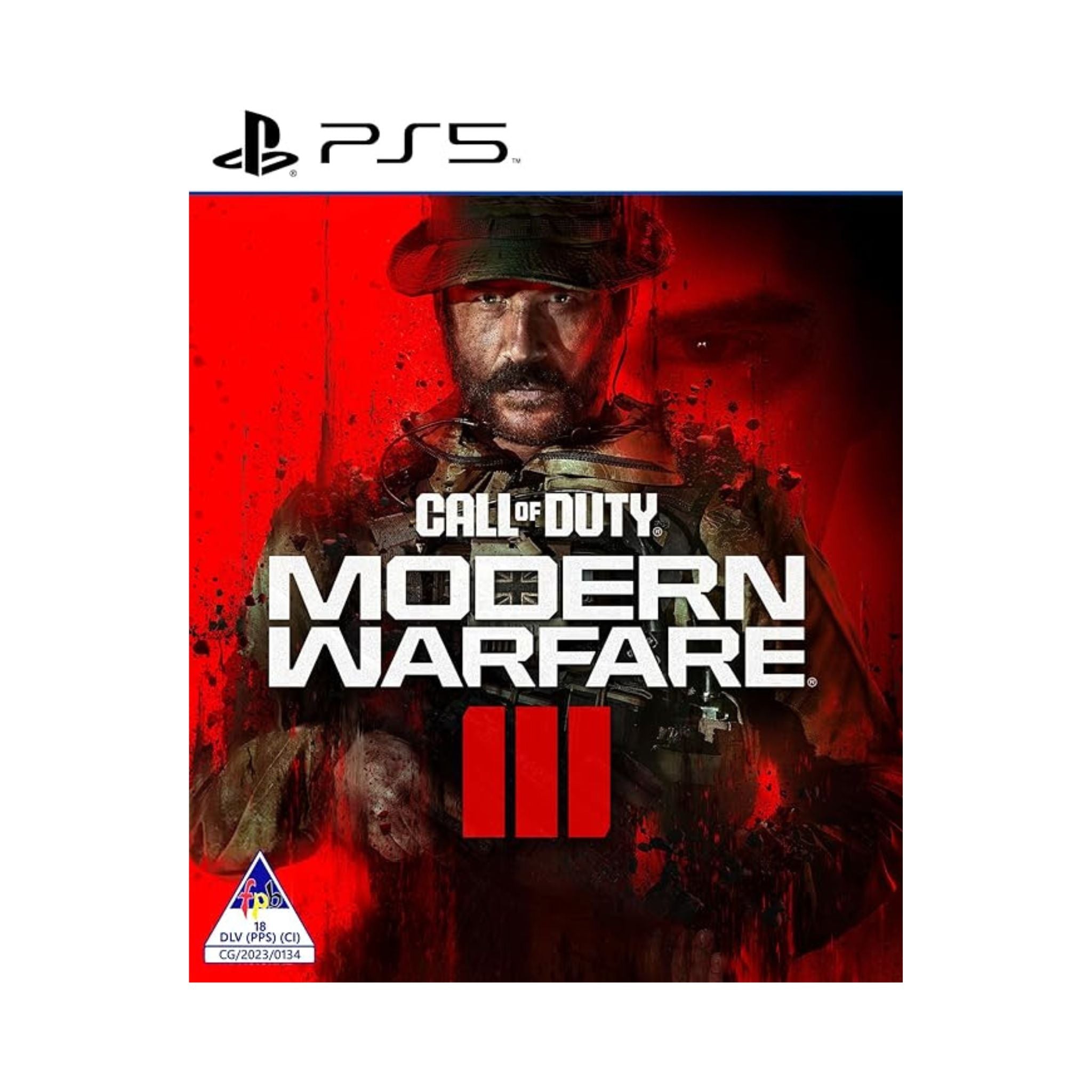 Cover art for Call of Duty Modern Warfare III on PlayStation 5 featuring a soldier in a red and dark themed setting.