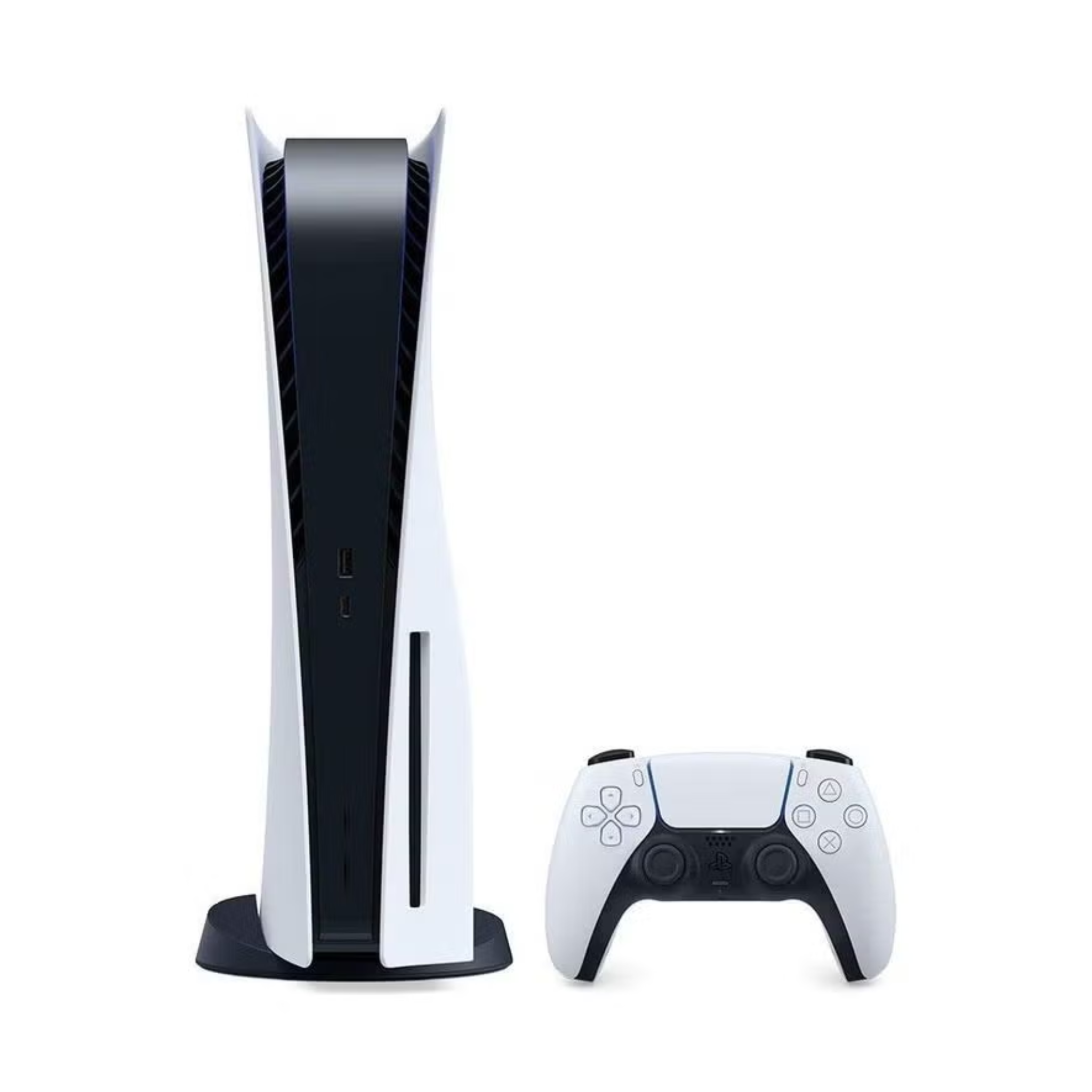 Gaming console and controller on a white background