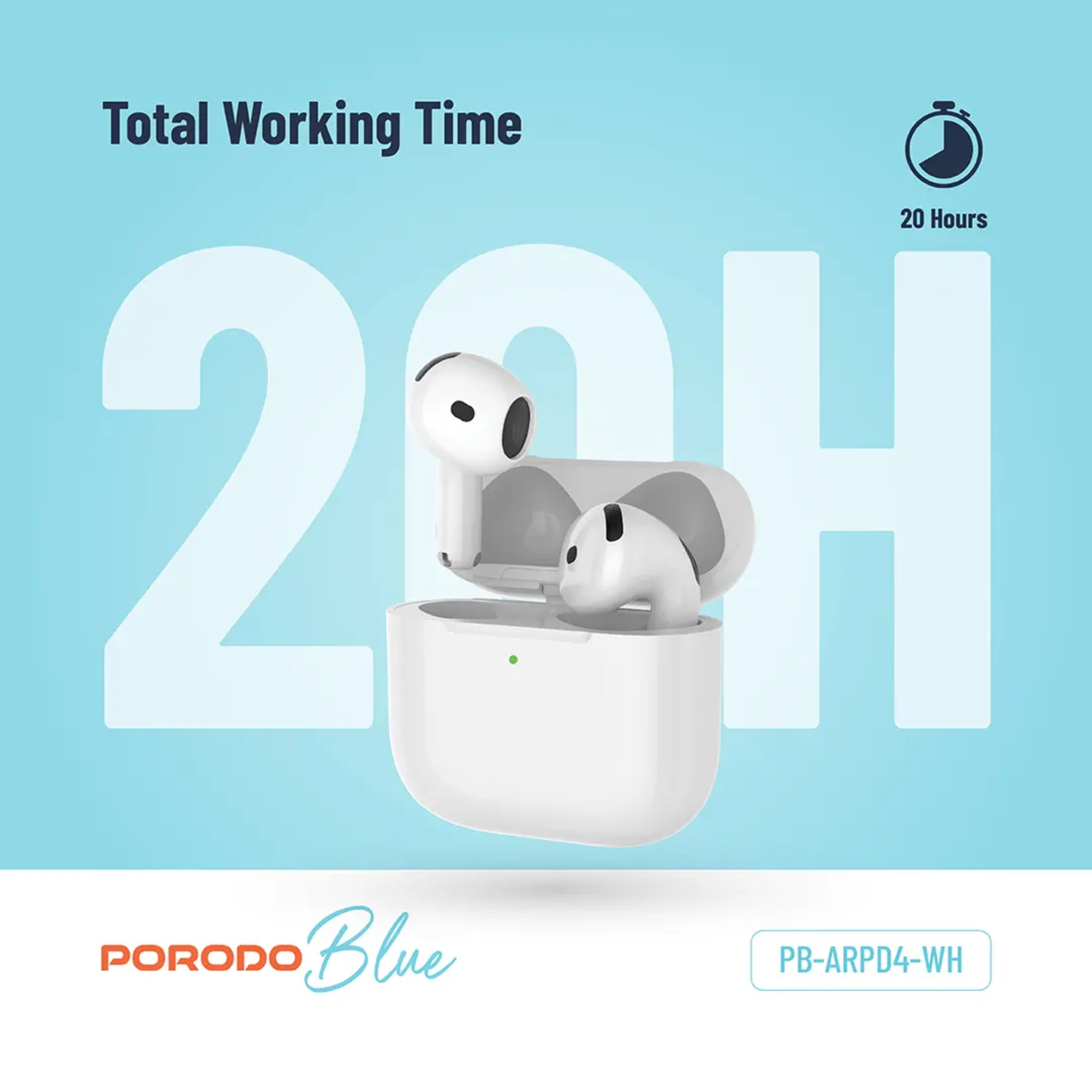 Porodo Blue ENC Earbuds 4 with 20 Hours Working Time, Wireless Charging, Deep Bass, Touch Control - White